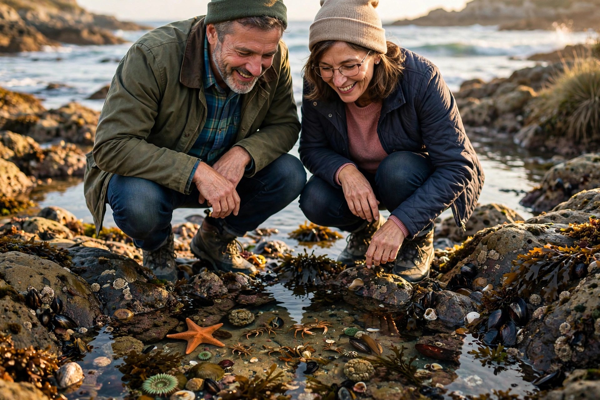 Mature couple exploring tide pools on a rocky shore