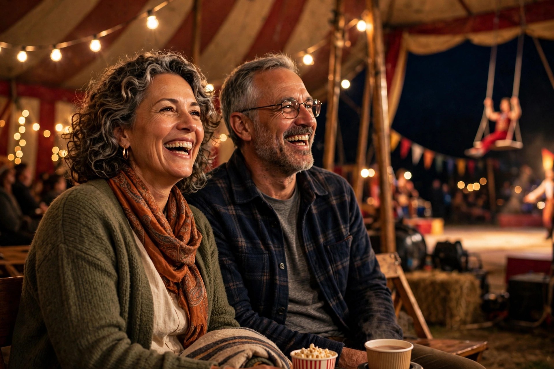 Mature couple laughing at a traveling circus at night