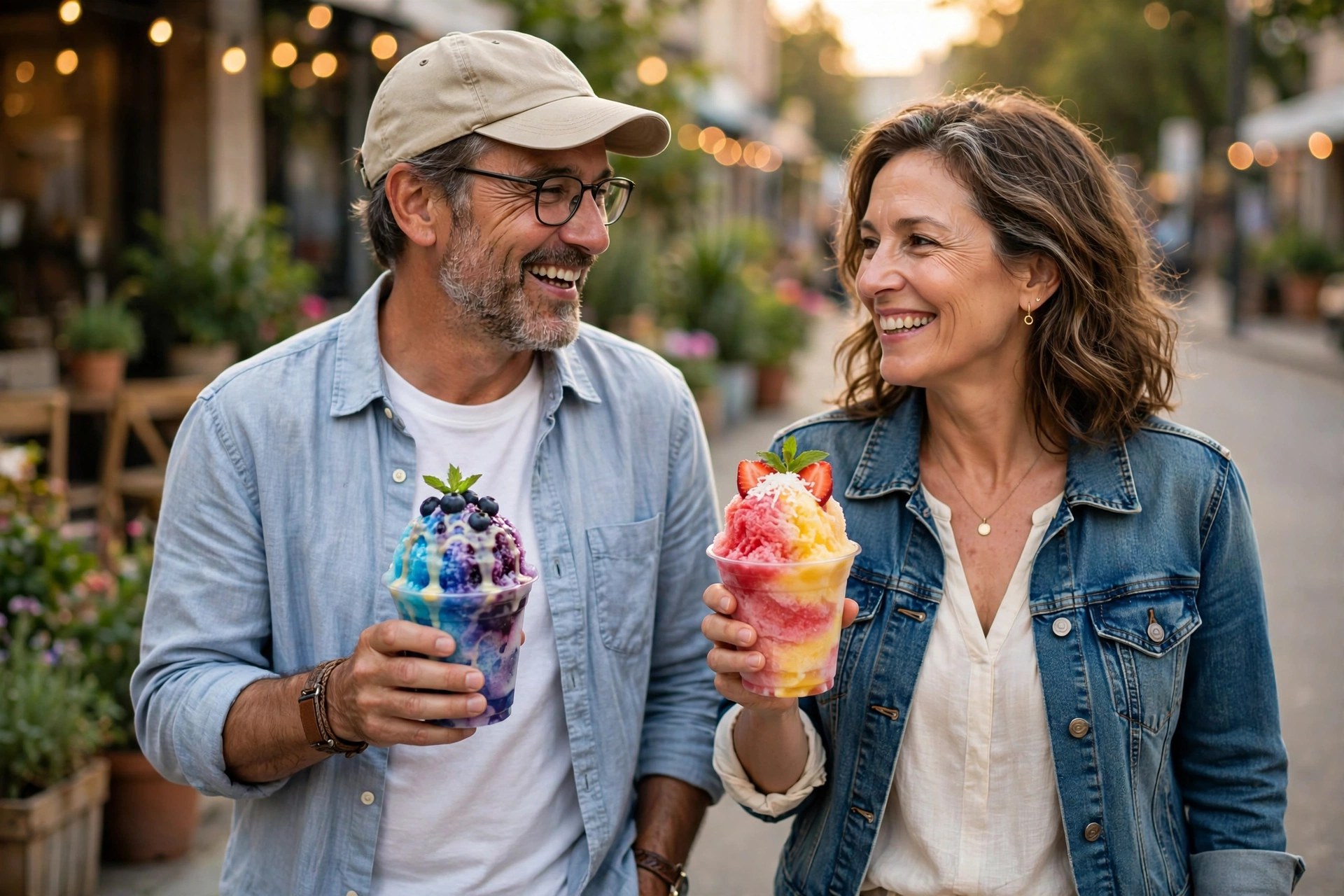 Mature couple holding colorful shaved ice cups on a crawl