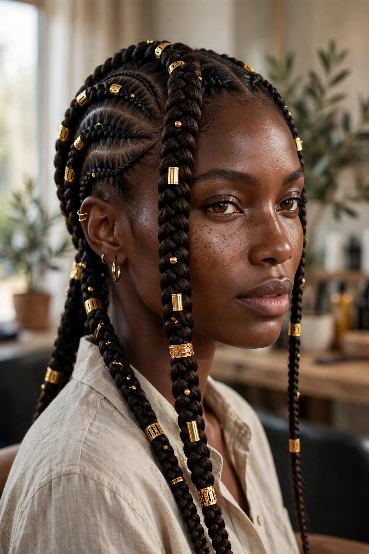 Black woman wearing fulani braids with gold beads