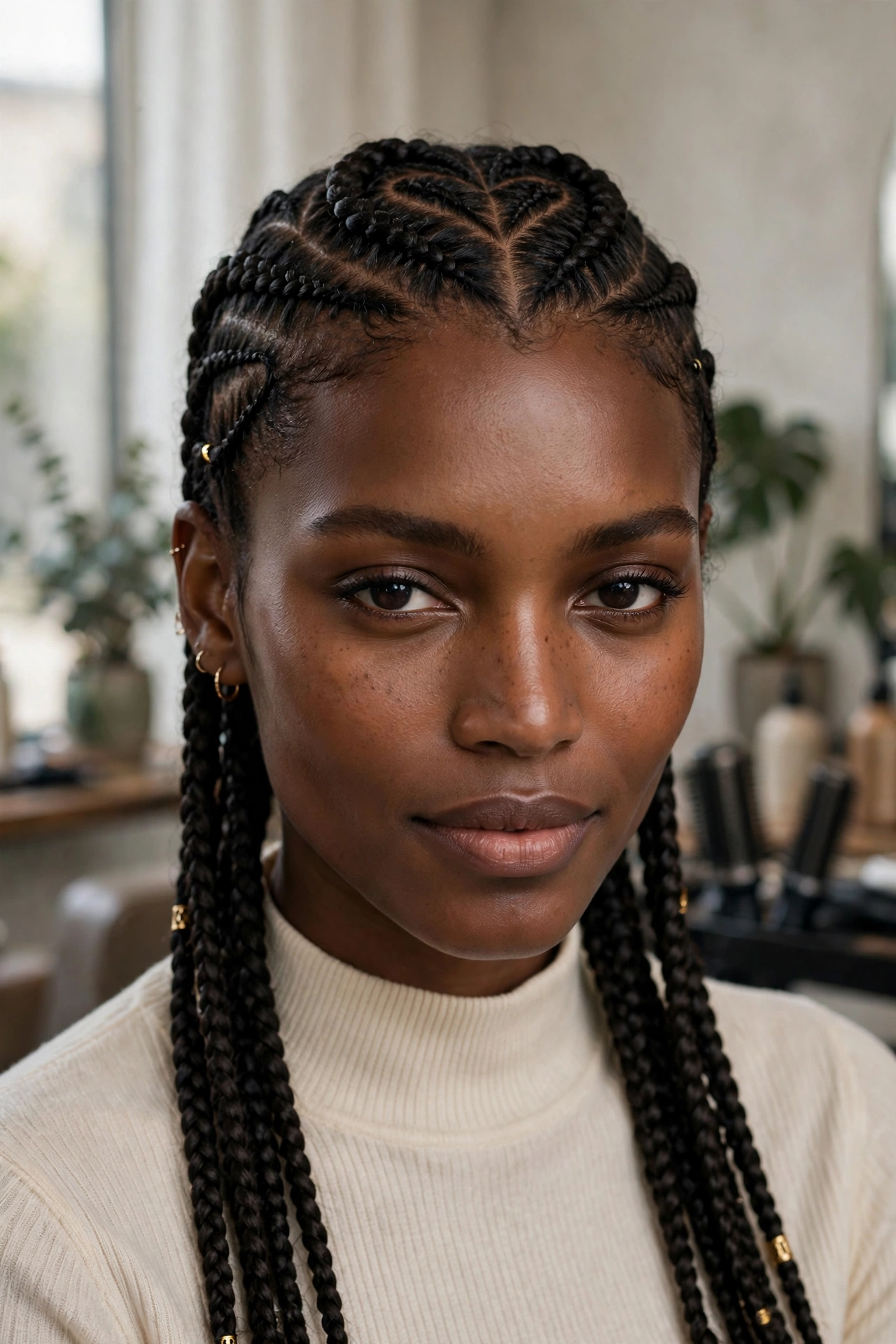 Black woman wearing heart parted cornrows