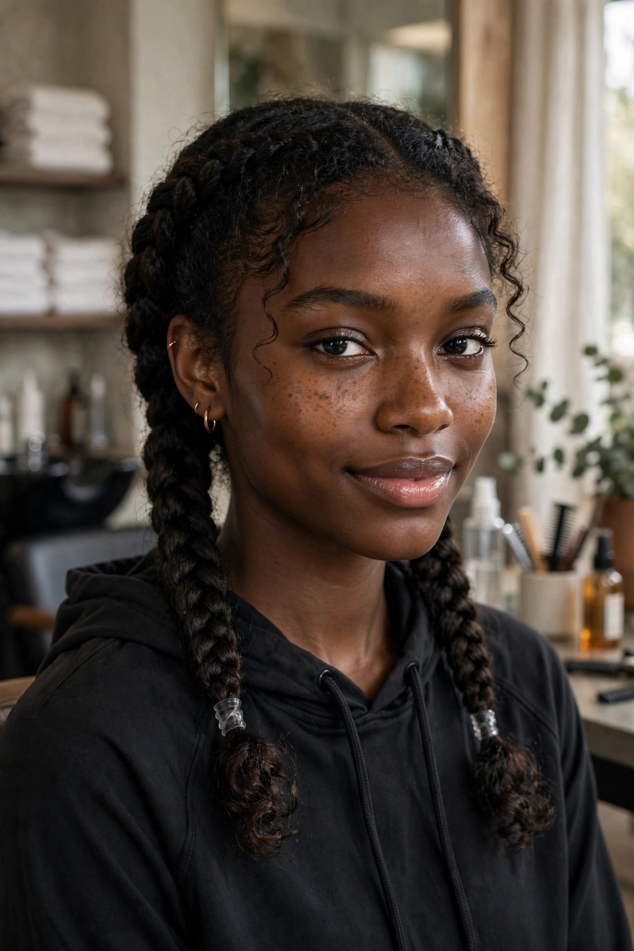 Black woman wearing french braid pigtails