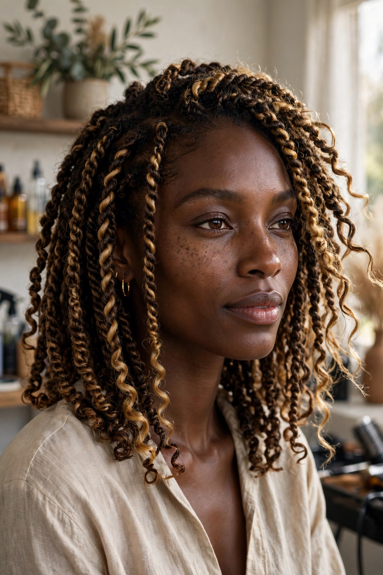 Black woman wearing passion twists with highlights