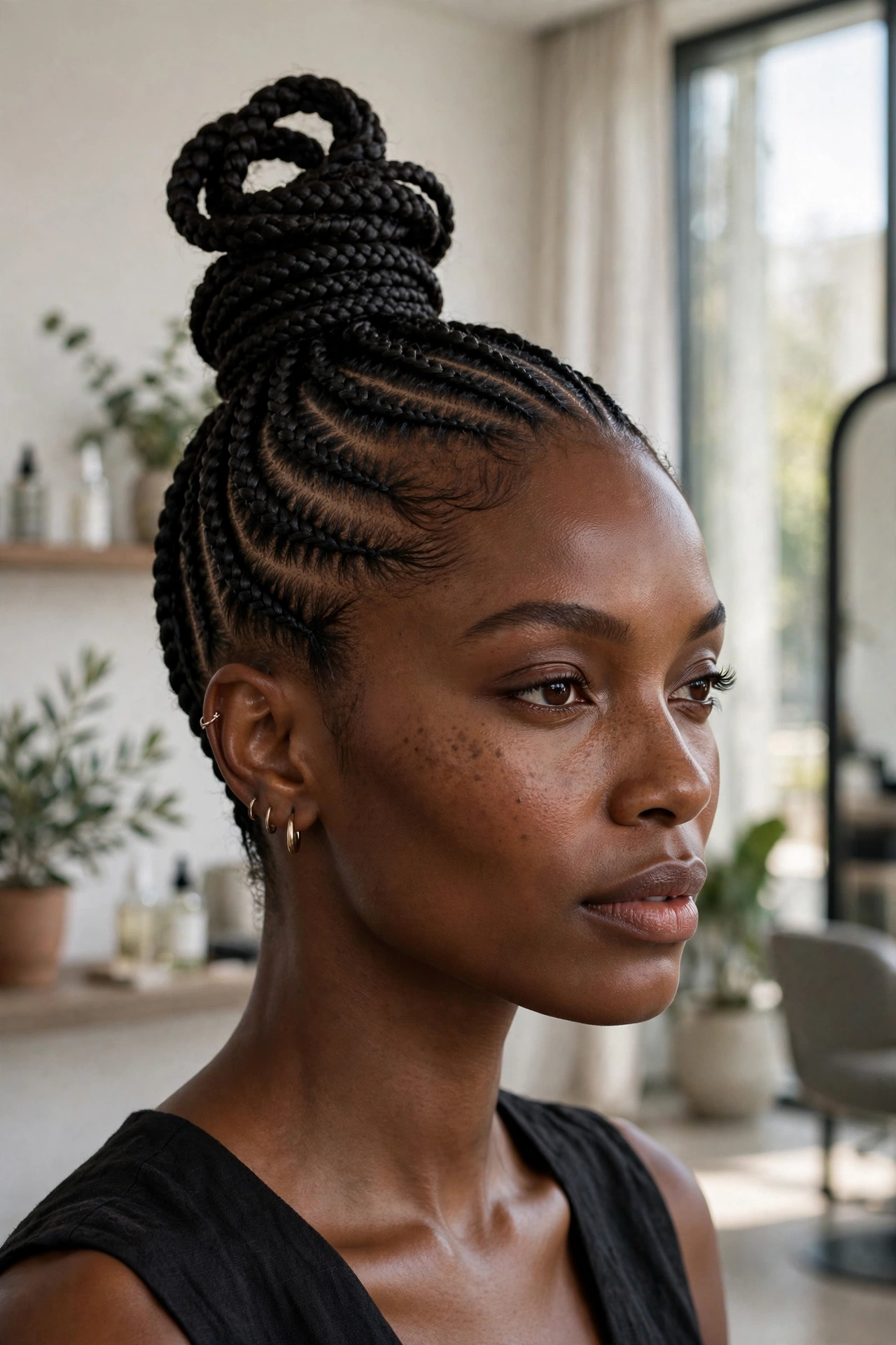 Black woman wearing stitch braids into a high bun