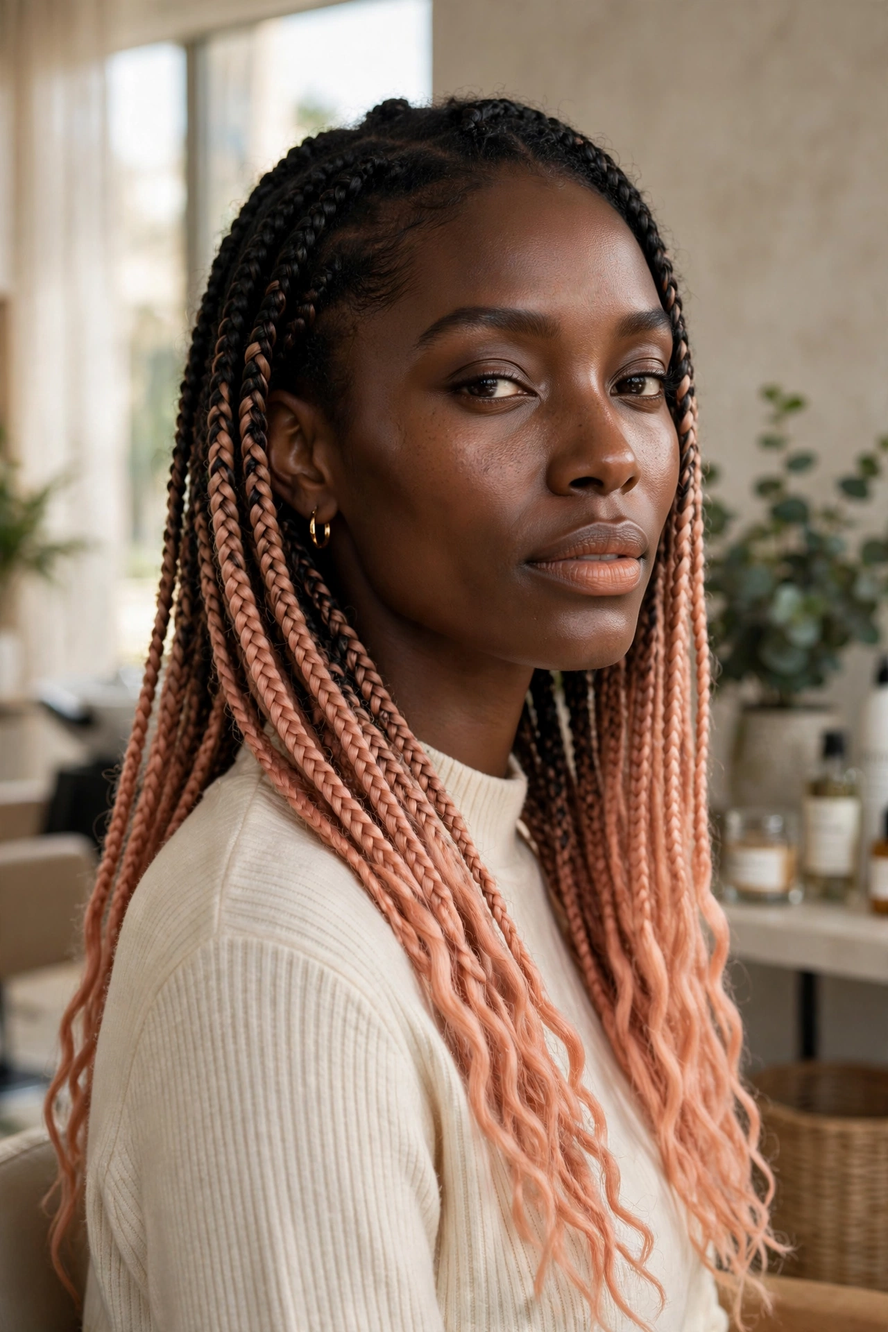 Black woman wearing peach ombre knotless braids