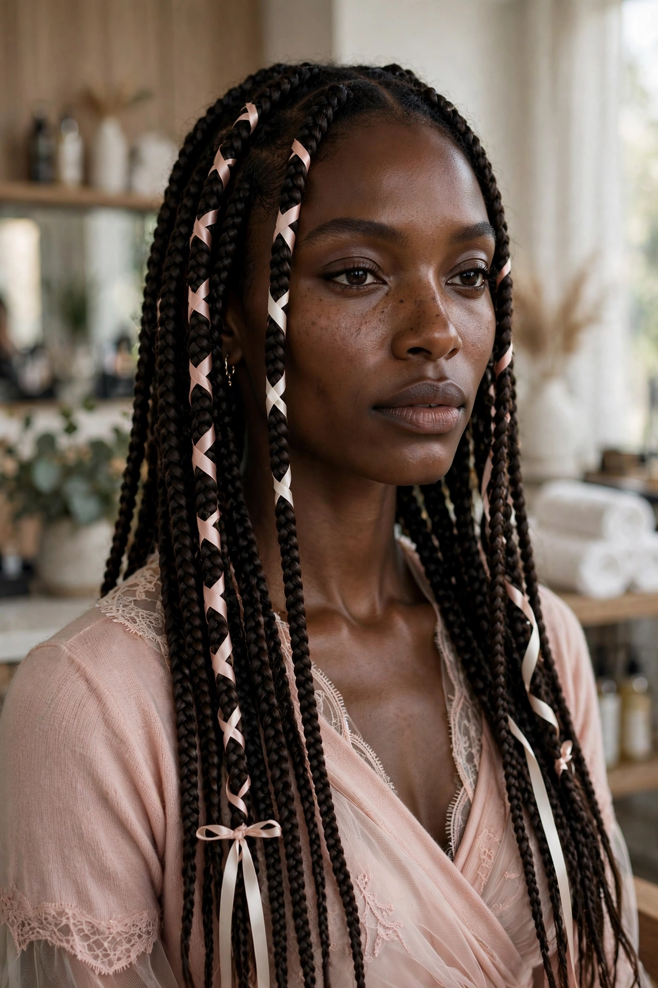 Black woman wearing ribbon woven box braids