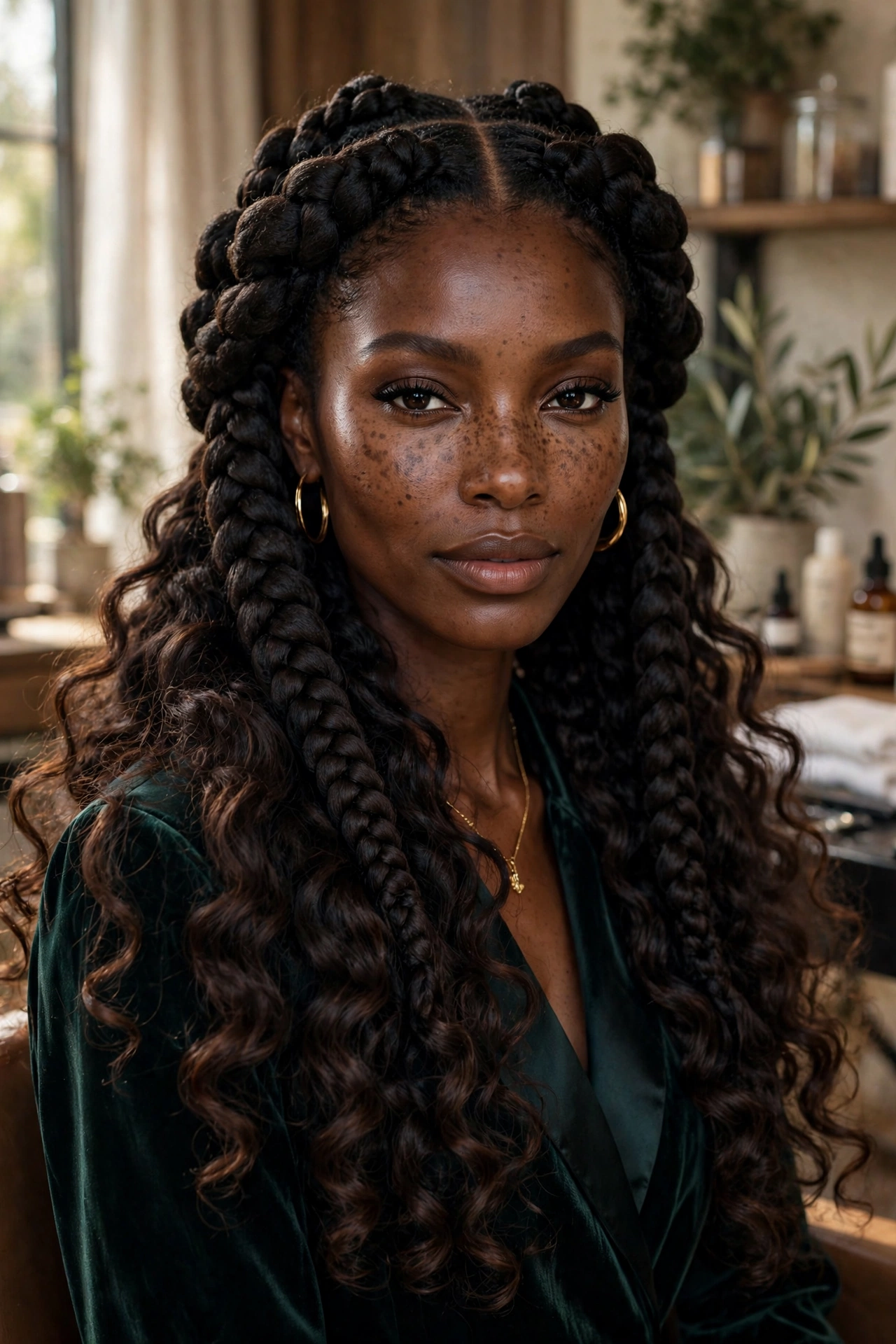 Black woman wearing goddess braids with curly ends