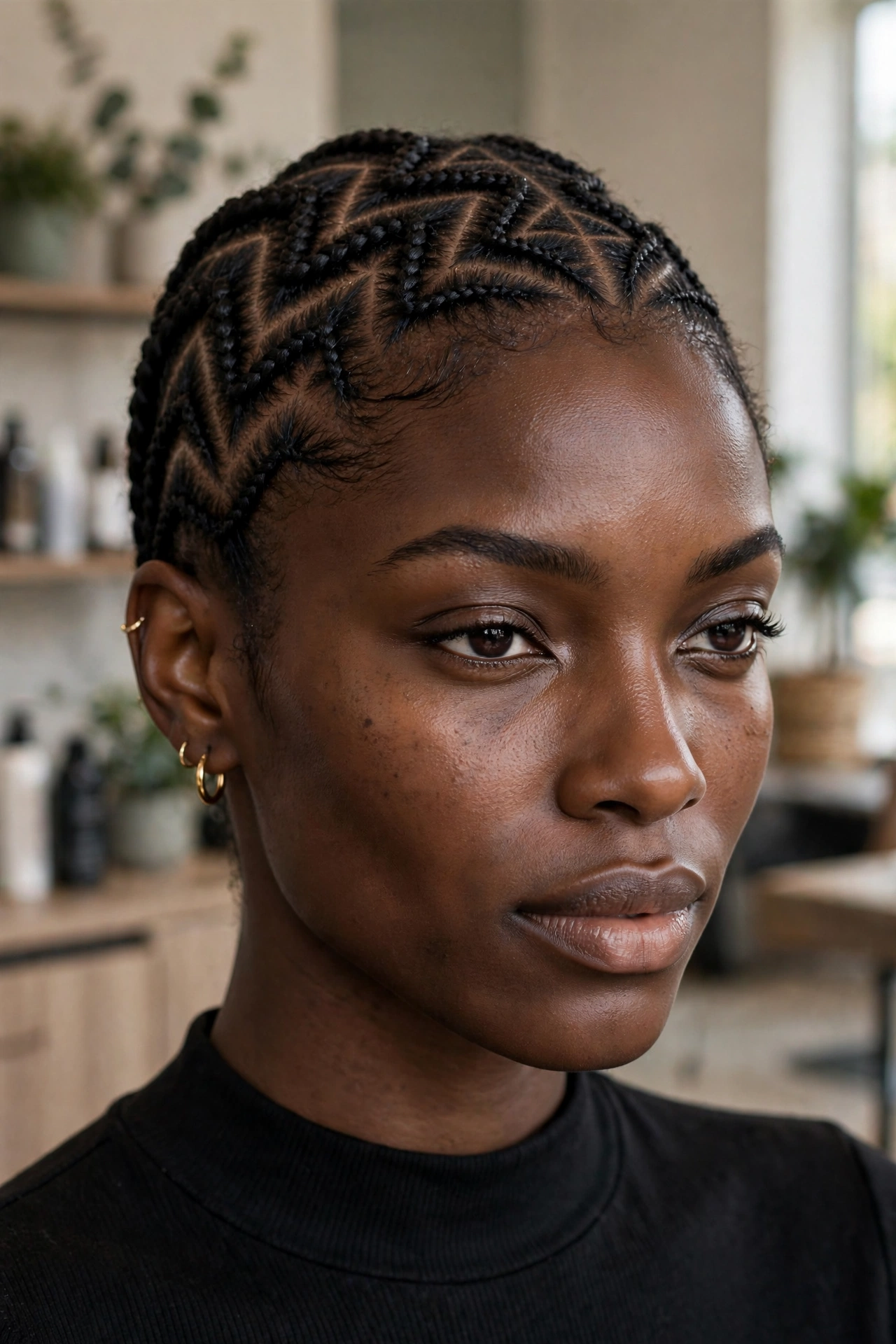 Black woman wearing zigzag cornrow design