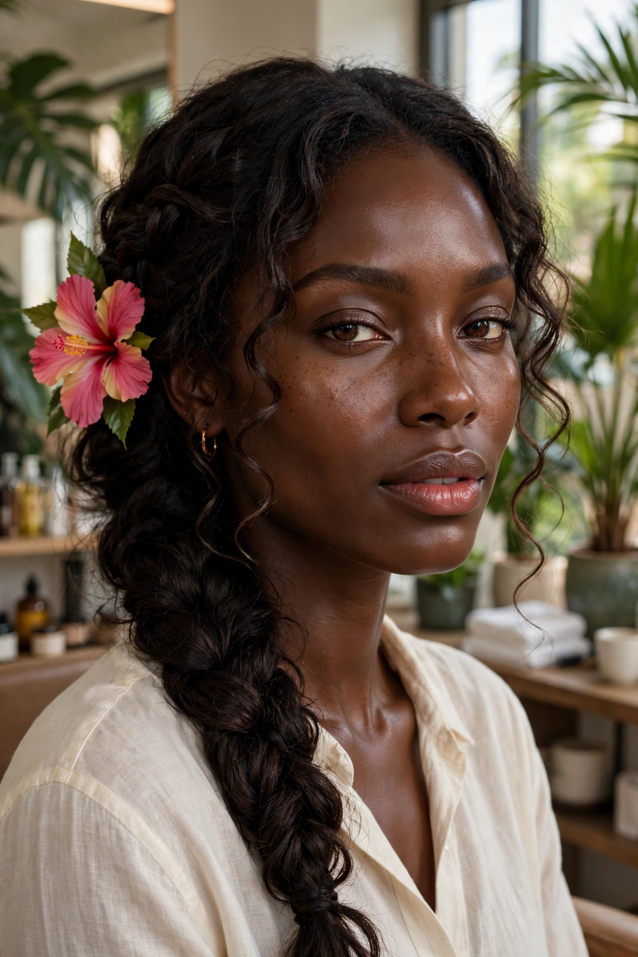 Black woman wearing hibiscus inspired side braid