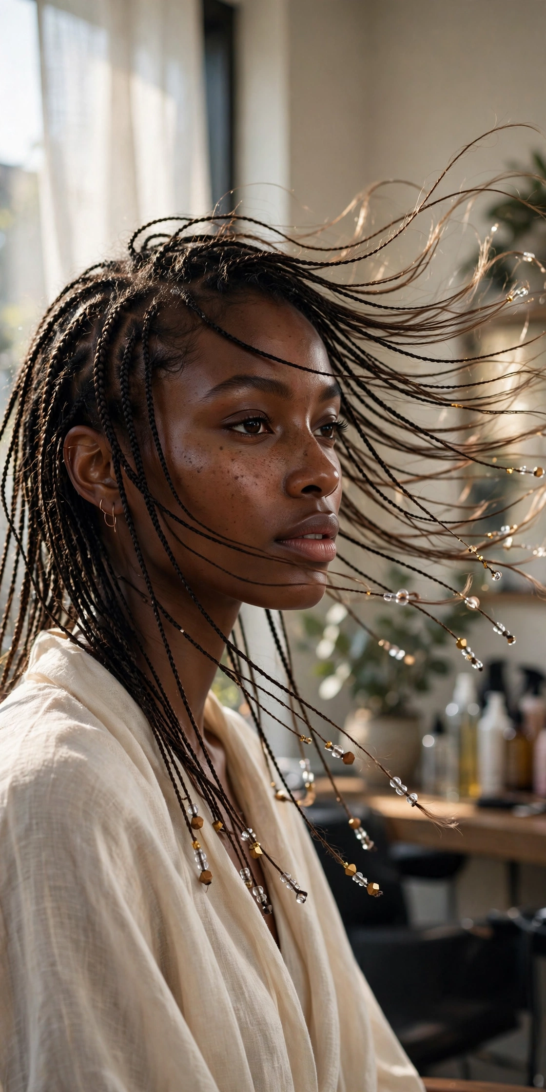 Black woman wearing micro braids with beaded ends