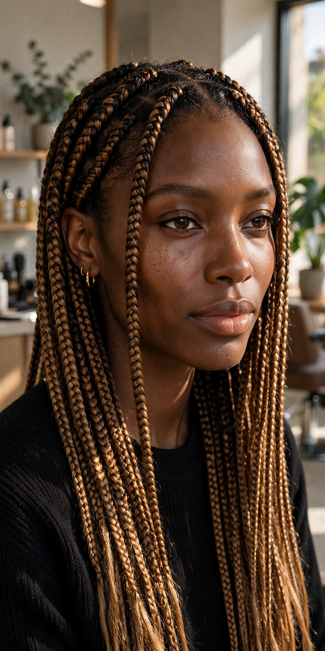 Black woman wearing caramel balayage box braids