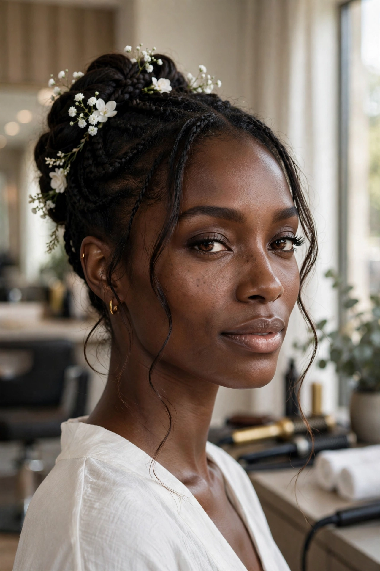 Black woman wearing floral pinned braided updo