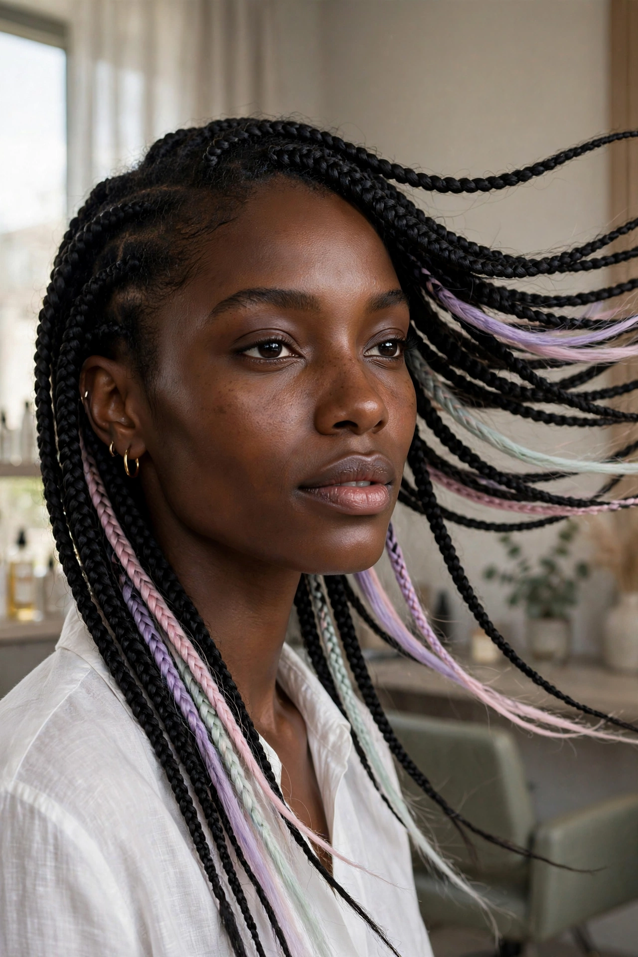 Black woman wearing pastel peekaboo braids