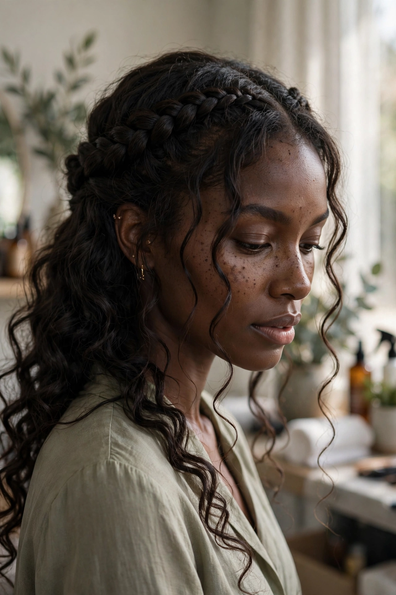 Black woman wearing waterfall braid with curls