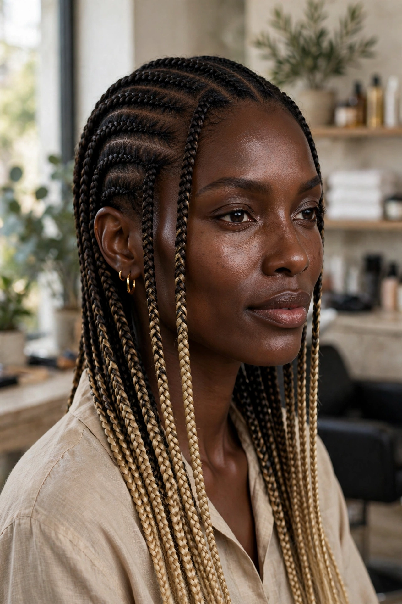 Black woman wearing blonde tipped cornrows