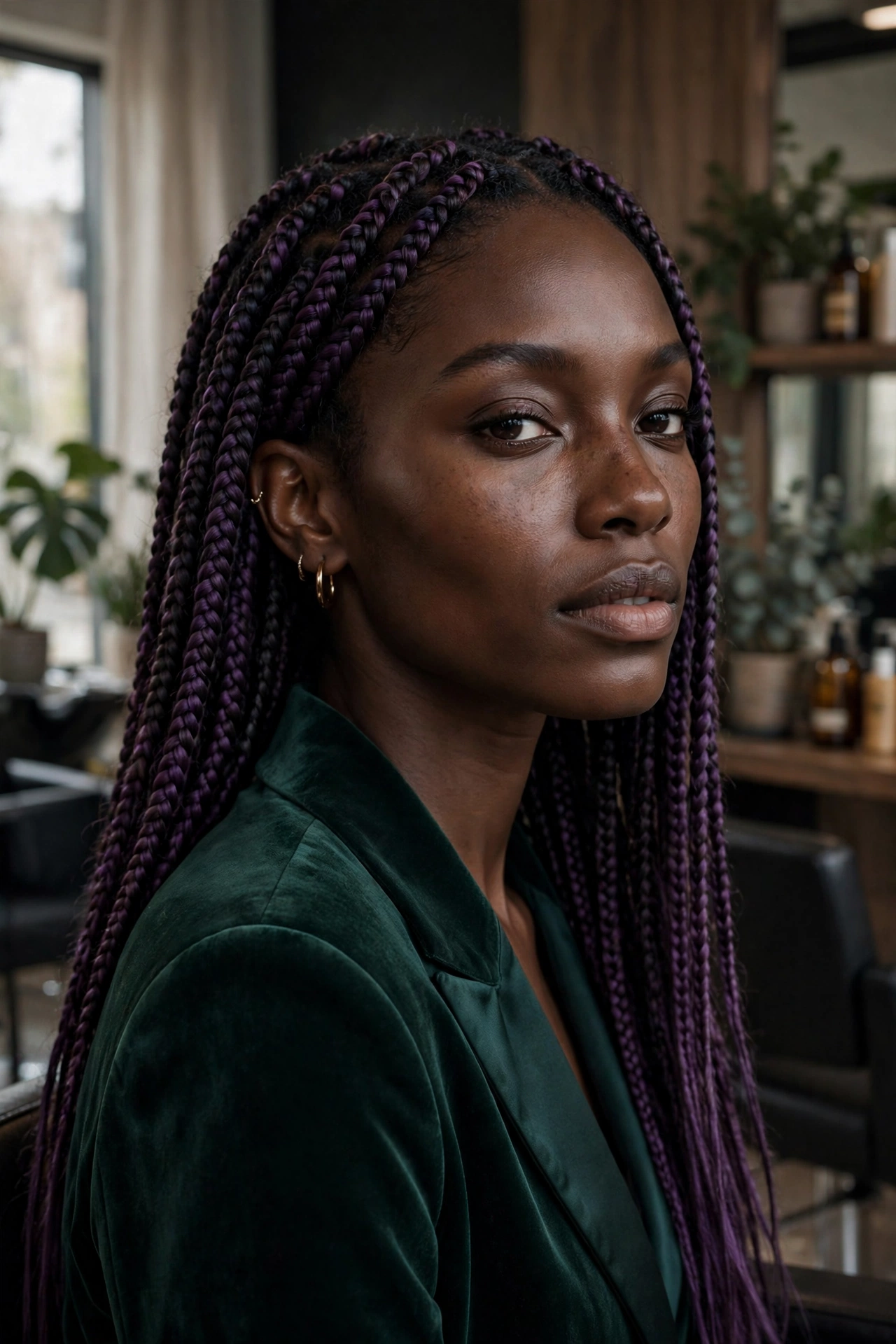 Black woman wearing two tone purple braids