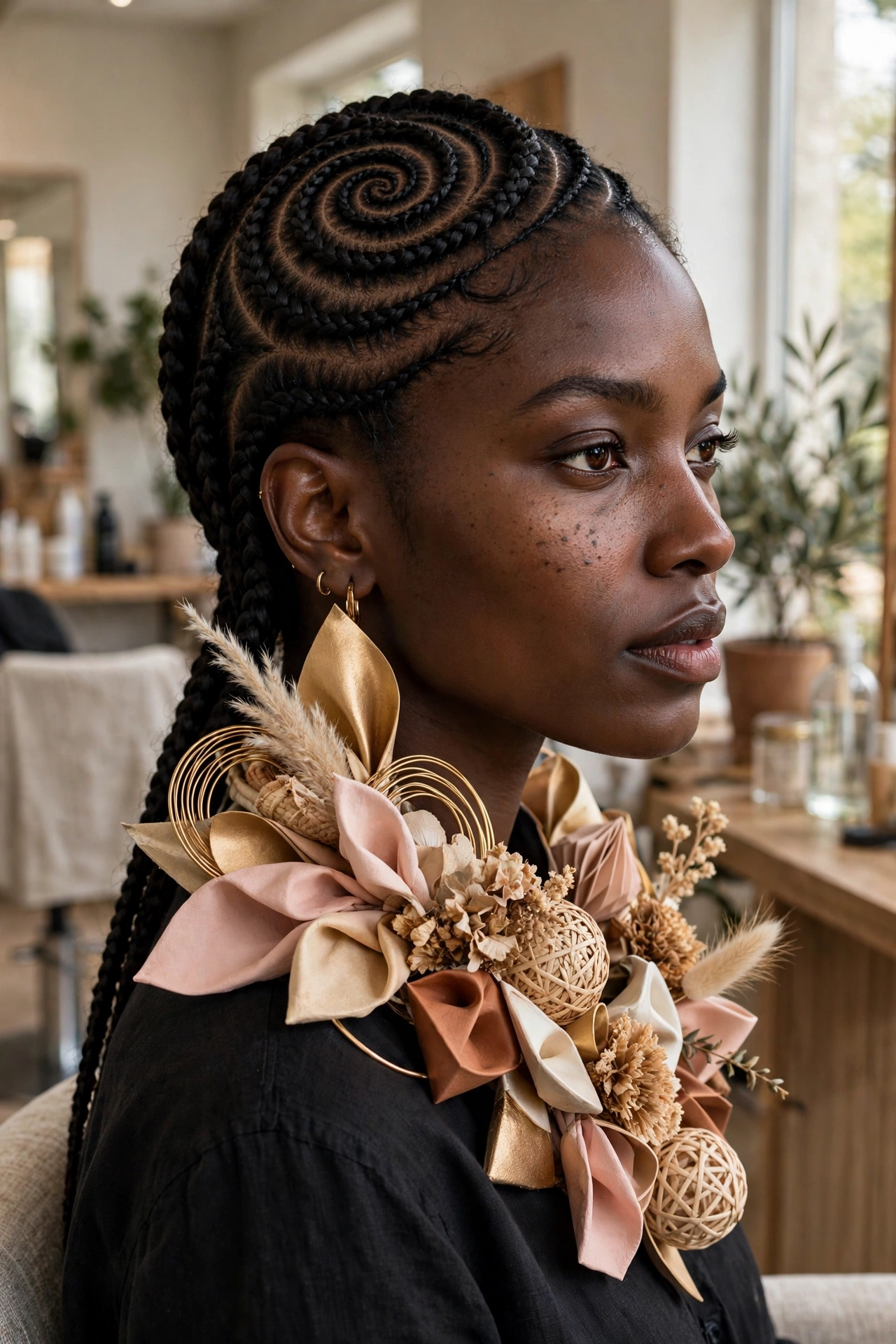 Black woman wearing carousel swirl cornrows