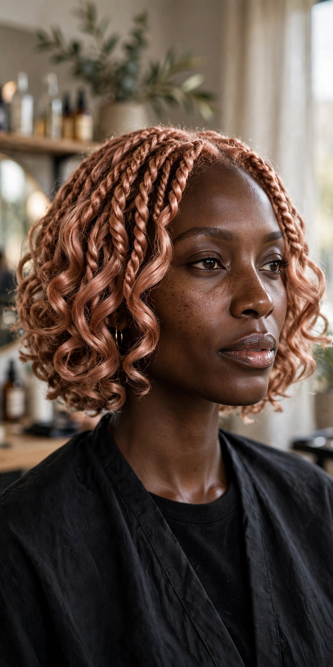 Black woman wearing rose gold twist bob