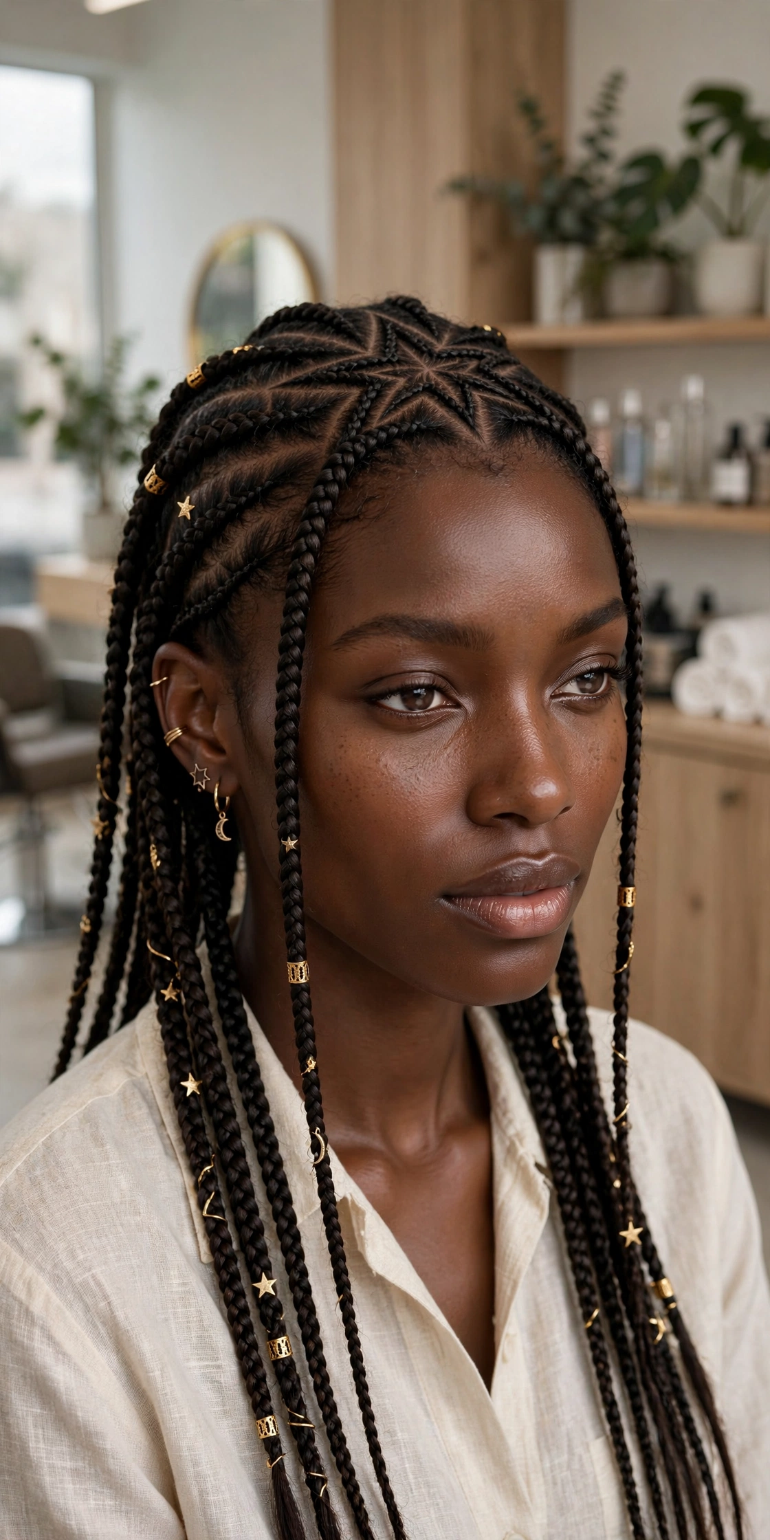 Black woman wearing star part feed in braids