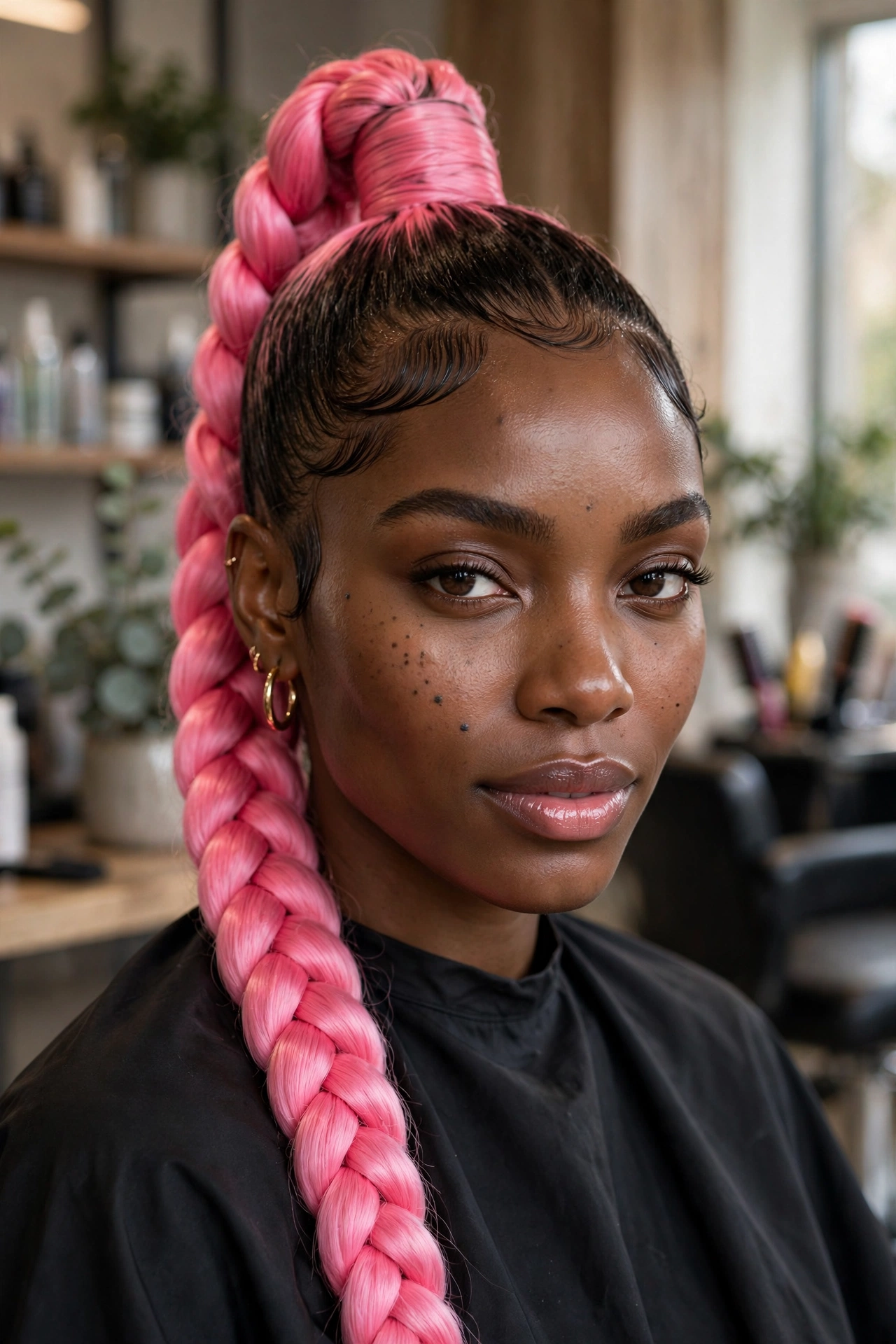 Black woman wearing candy pink braided ponytail