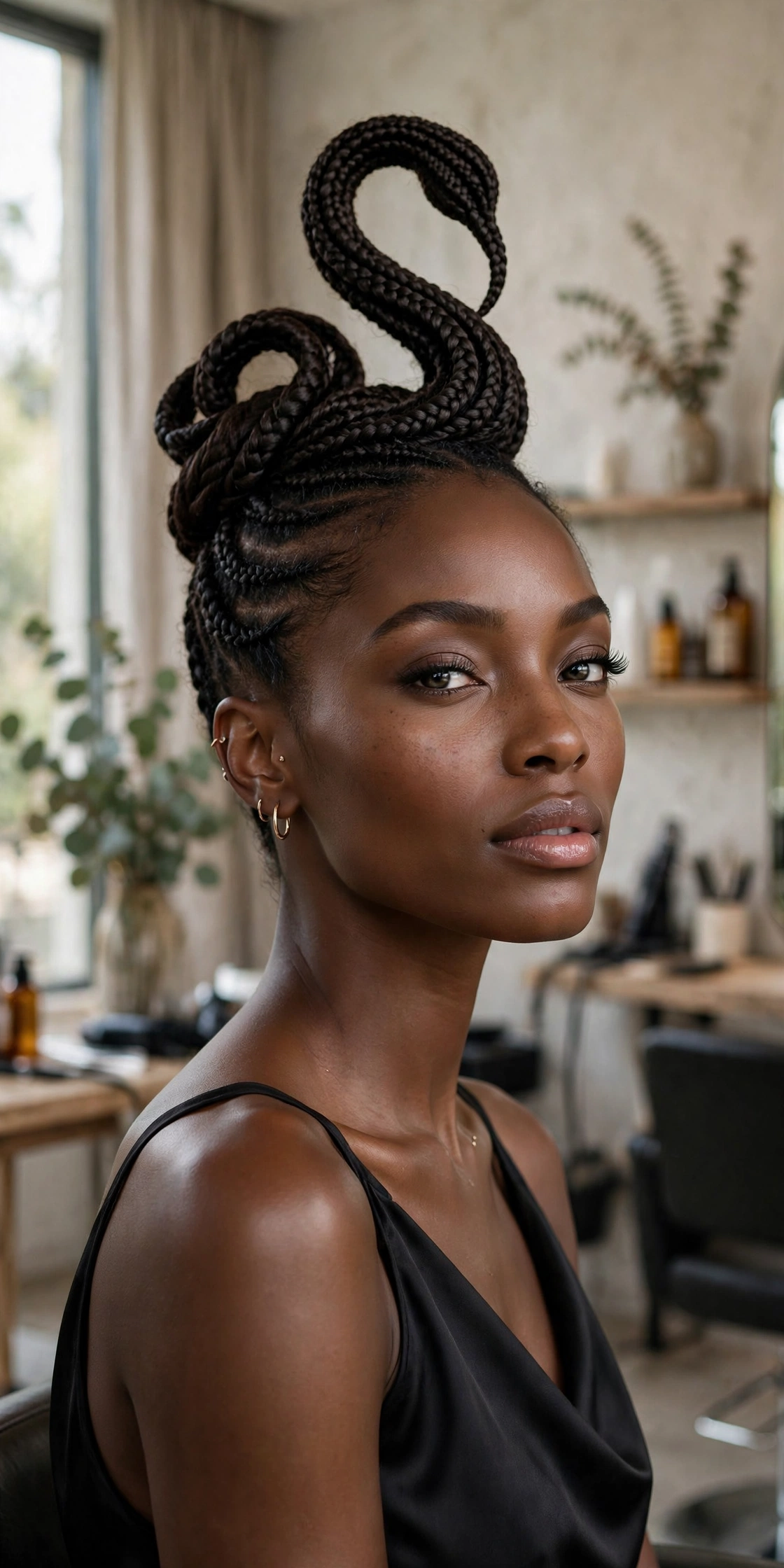 Black woman wearing swan inspired braided bun