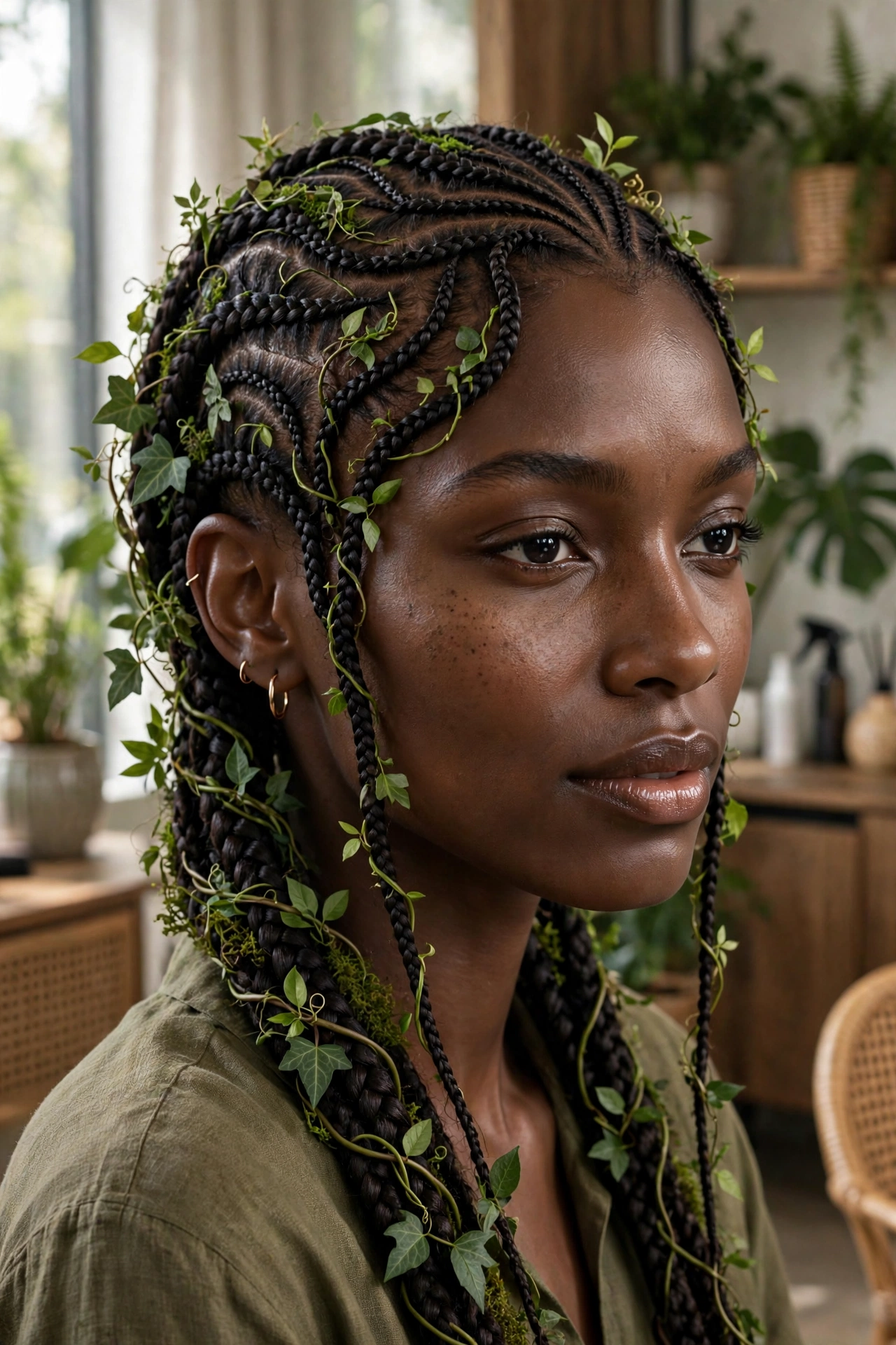Black woman wearing leaf pattern cornrows