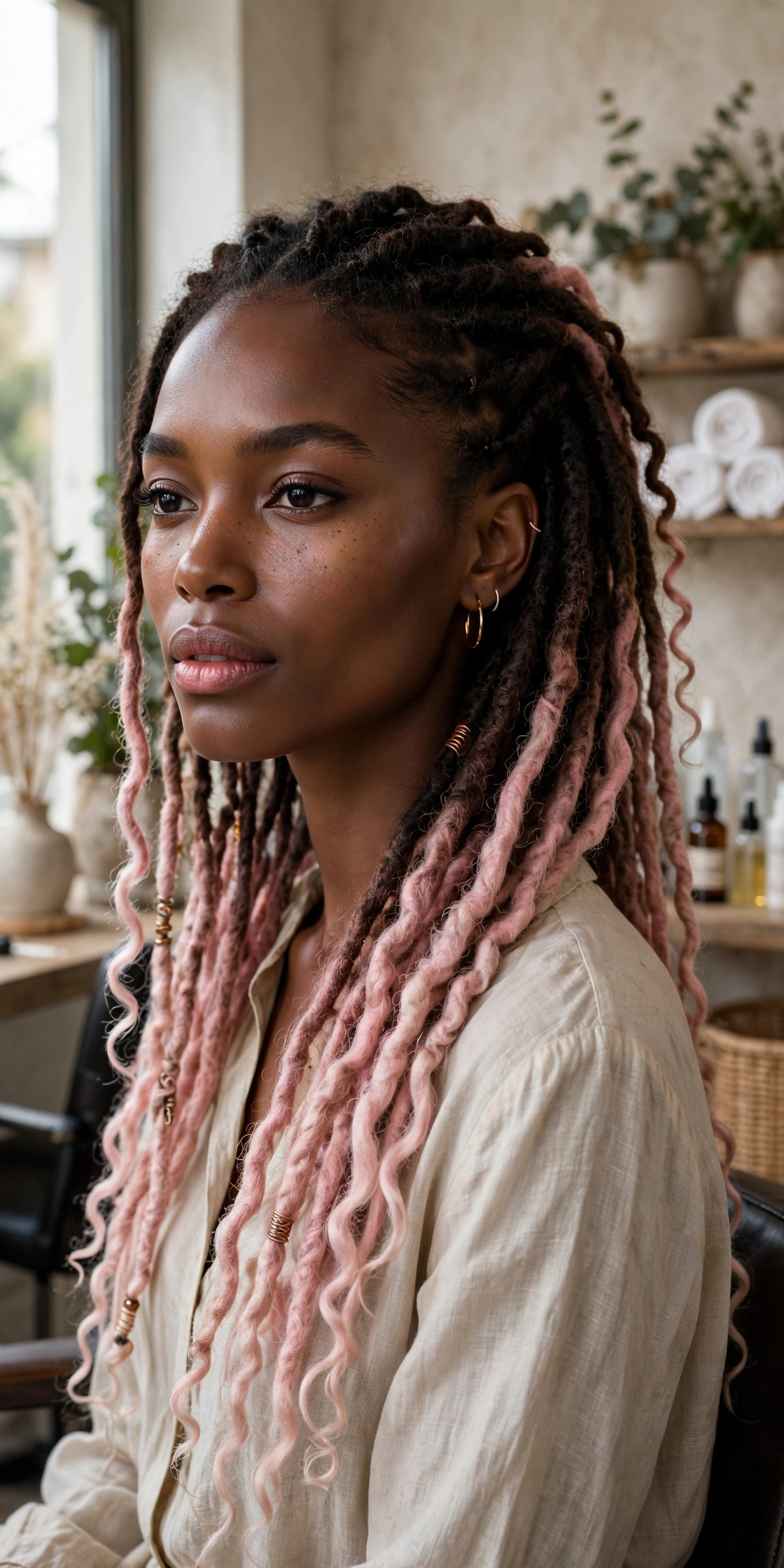 Black woman wearing blush ombre goddess locs
