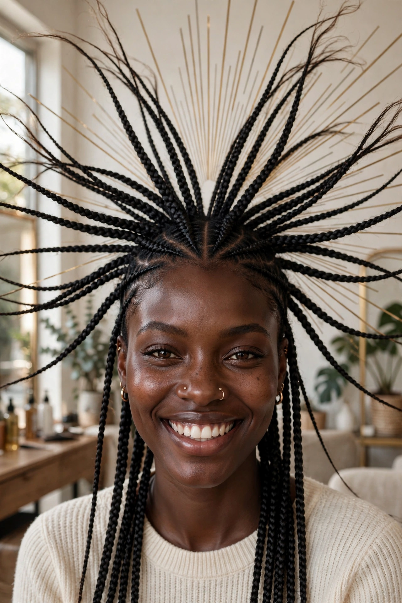 Black woman wearing firework stitch braids