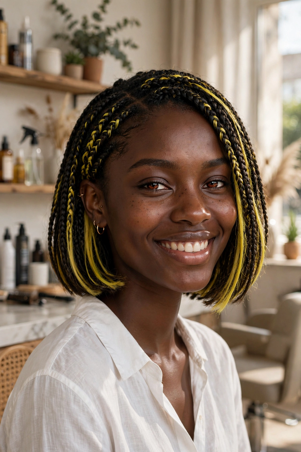 Black woman wearing lemon highlight braided bob