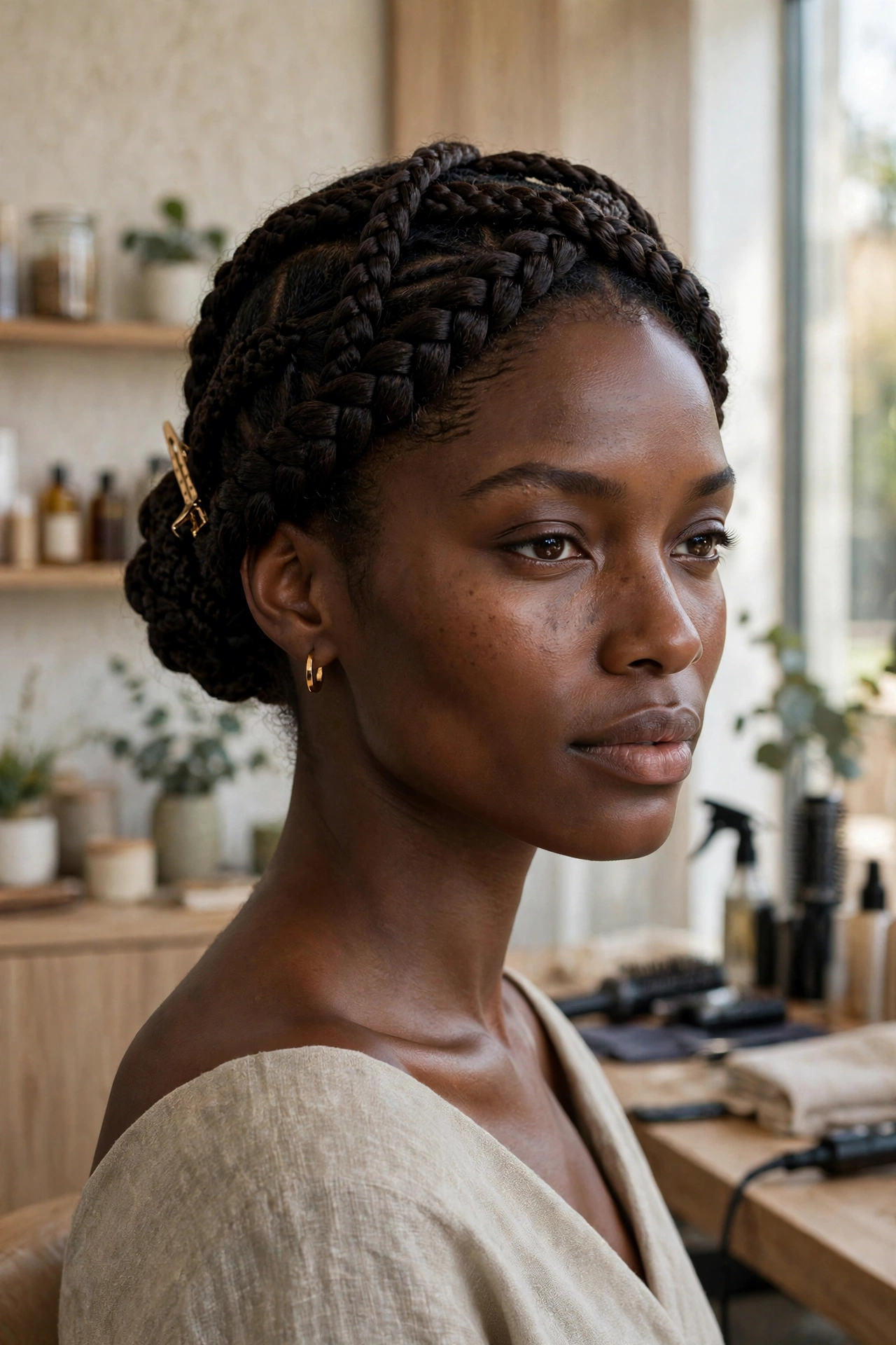 Black woman wearing crisscross braided crown
