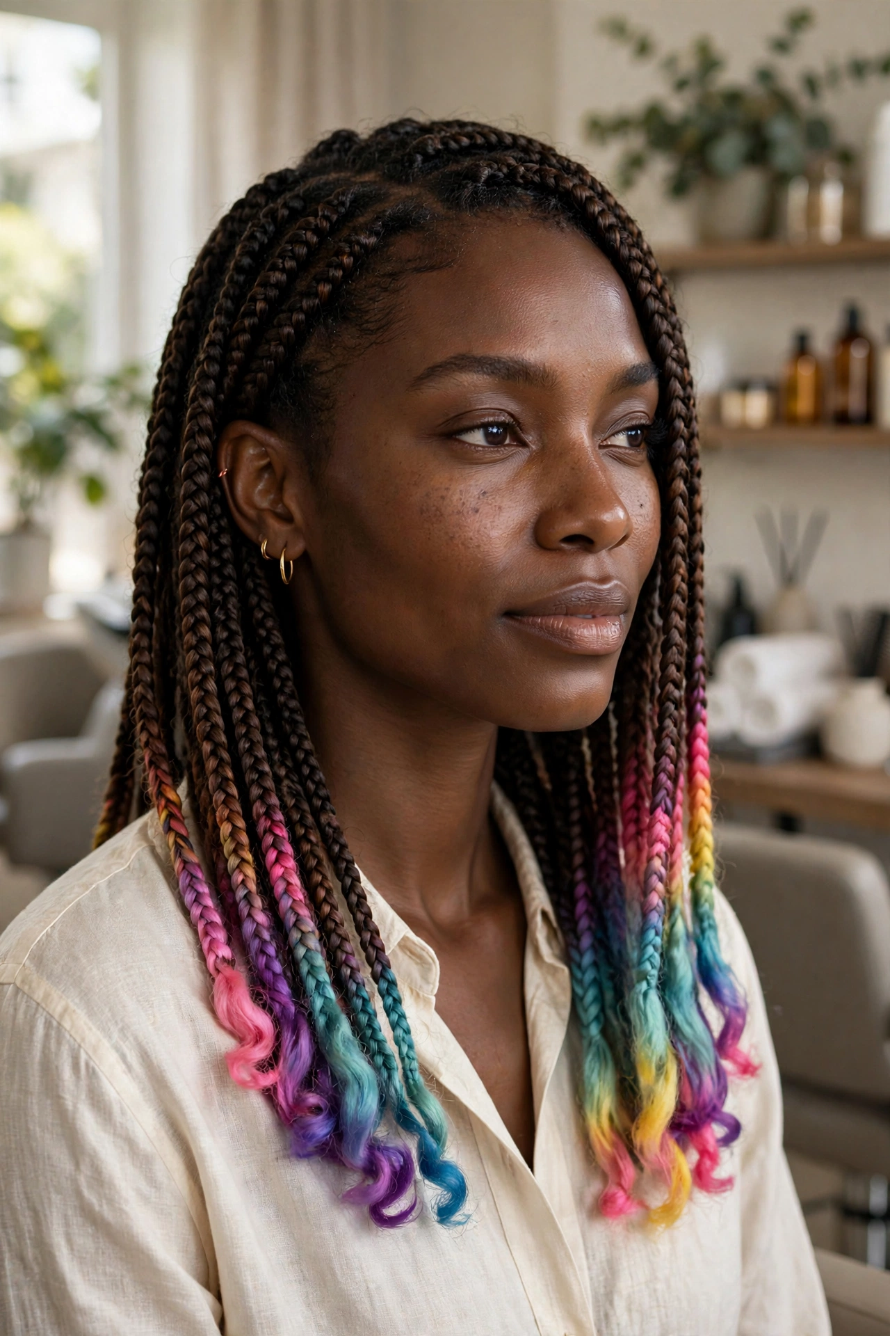 Black woman wearing rainbow tipped box braids