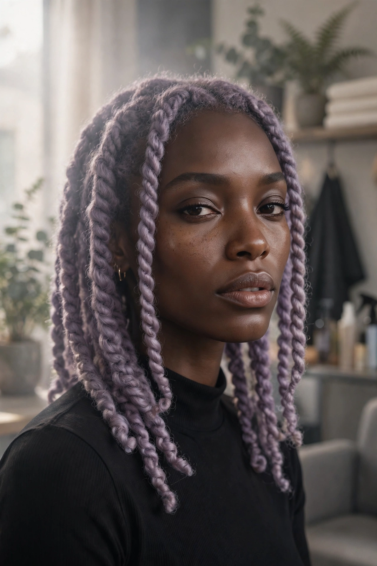Black woman wearing lavender haze twists