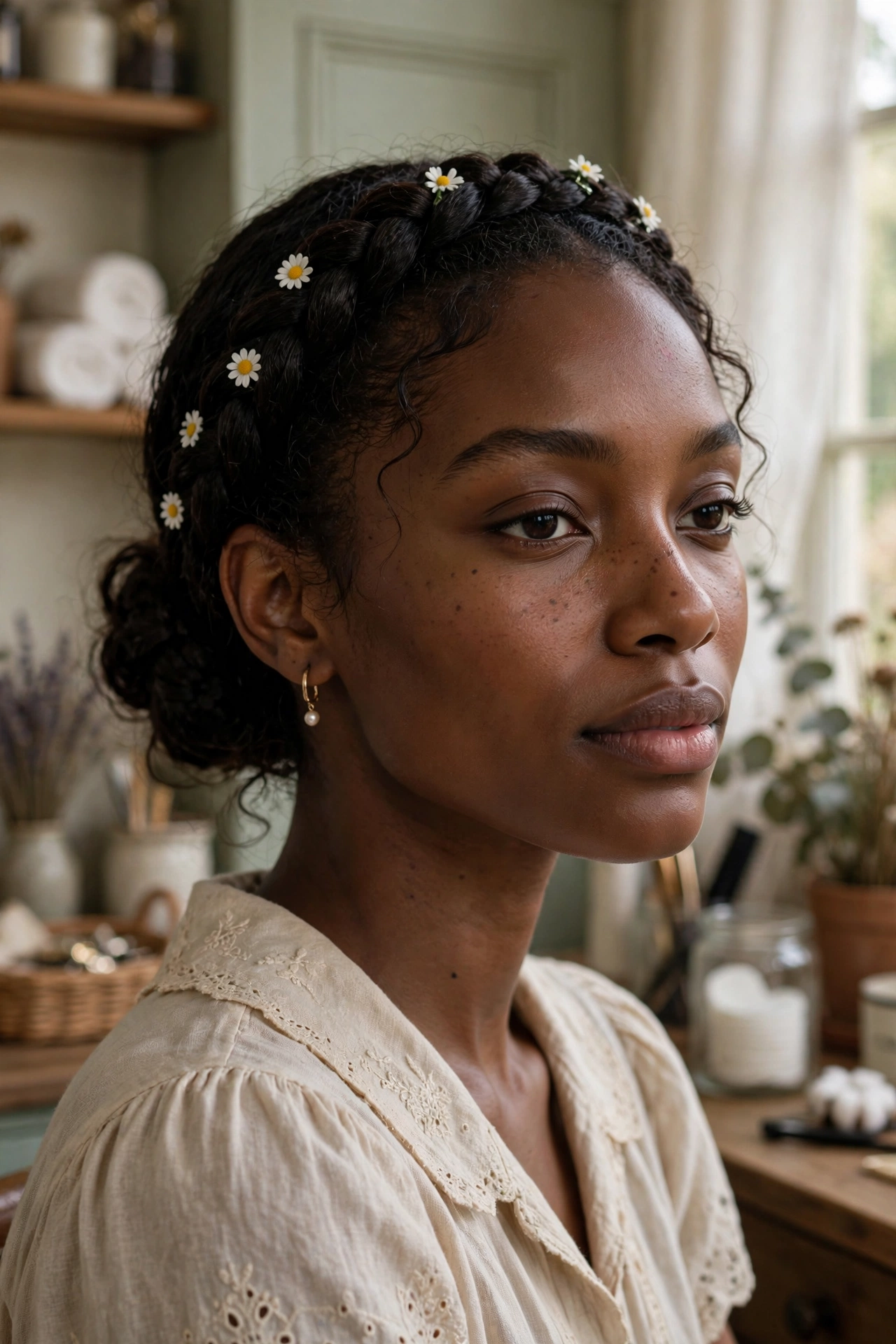Black woman wearing daisy chain braided headband
