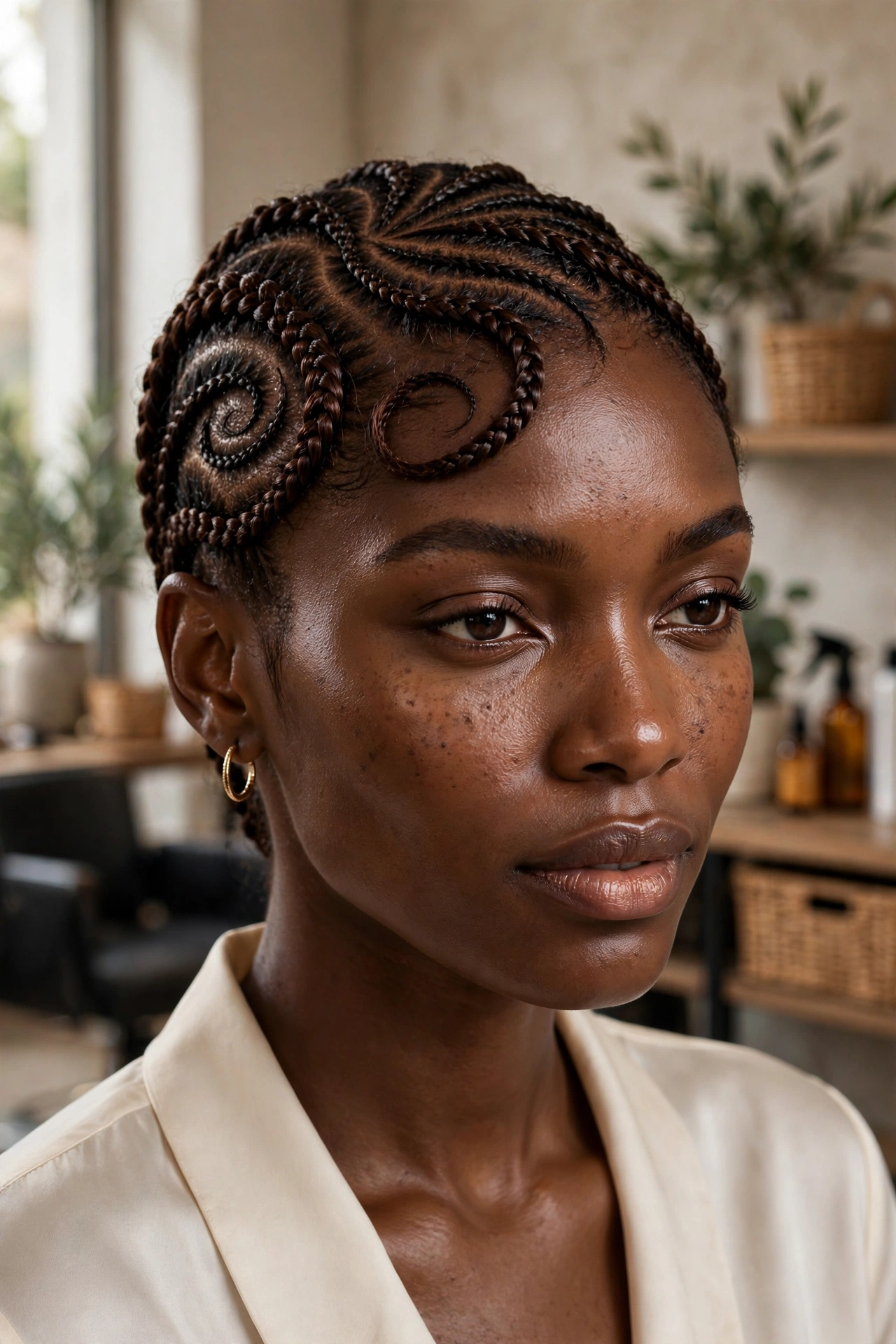 Black woman wearing chocolate swirl cornrows
