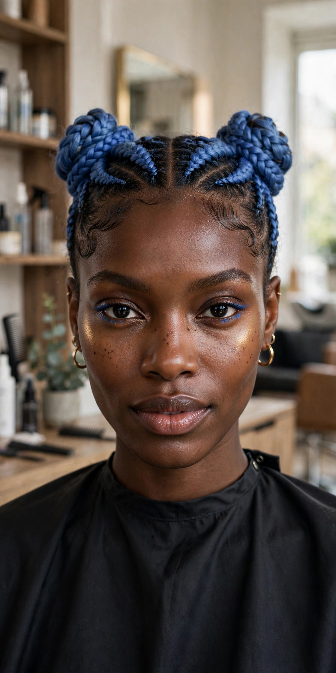Black woman wearing cornflower blue braided space buns