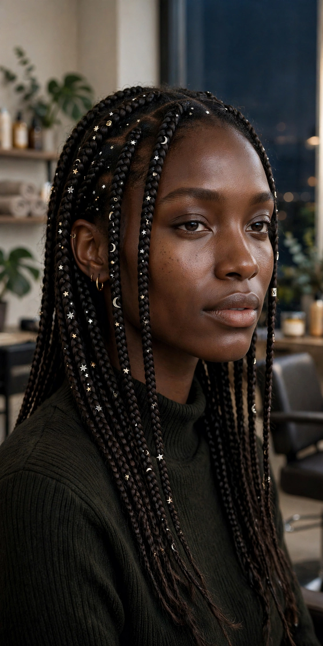 Black woman wearing celestial bead braids