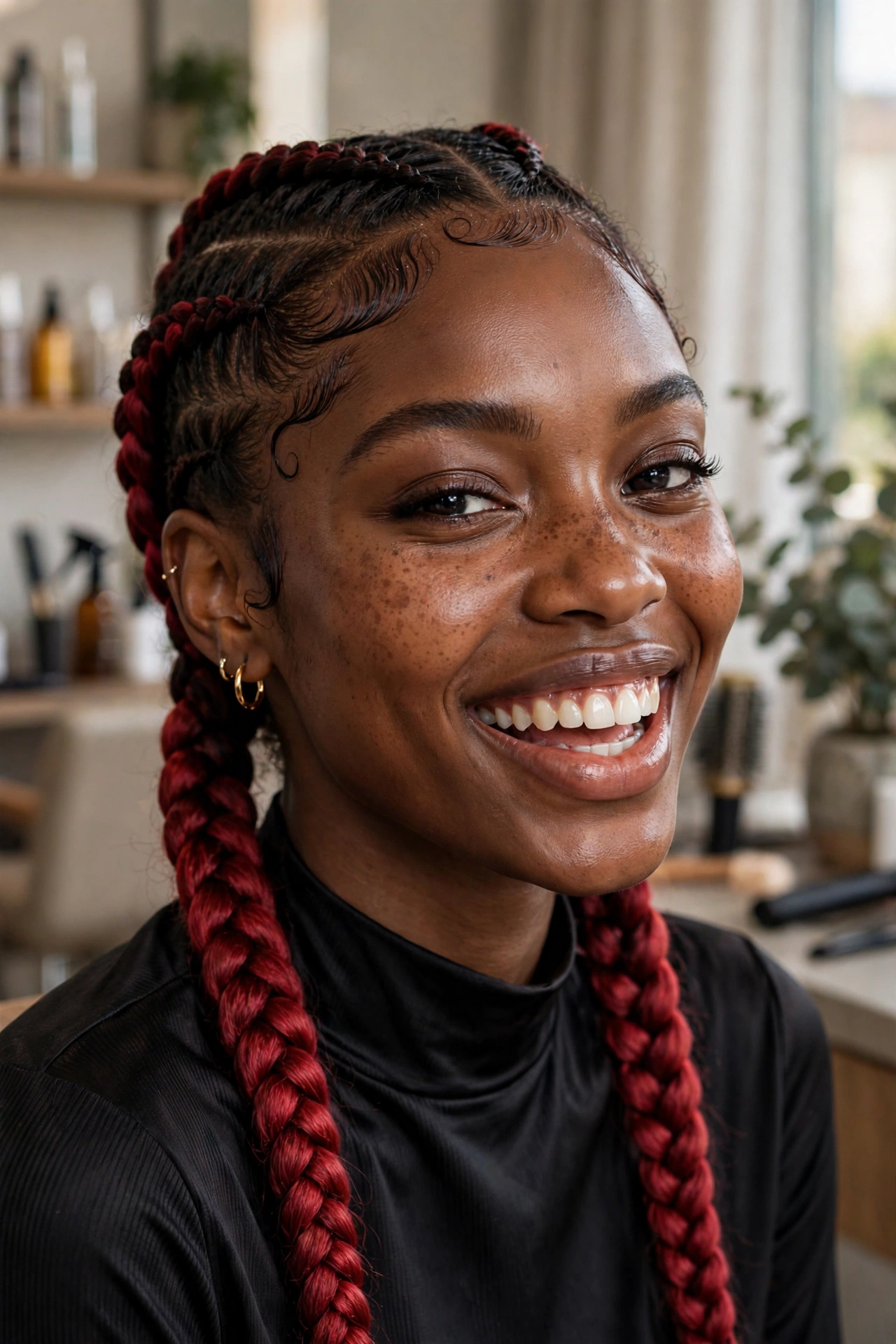 Black woman wearing cherry red braided pigtails