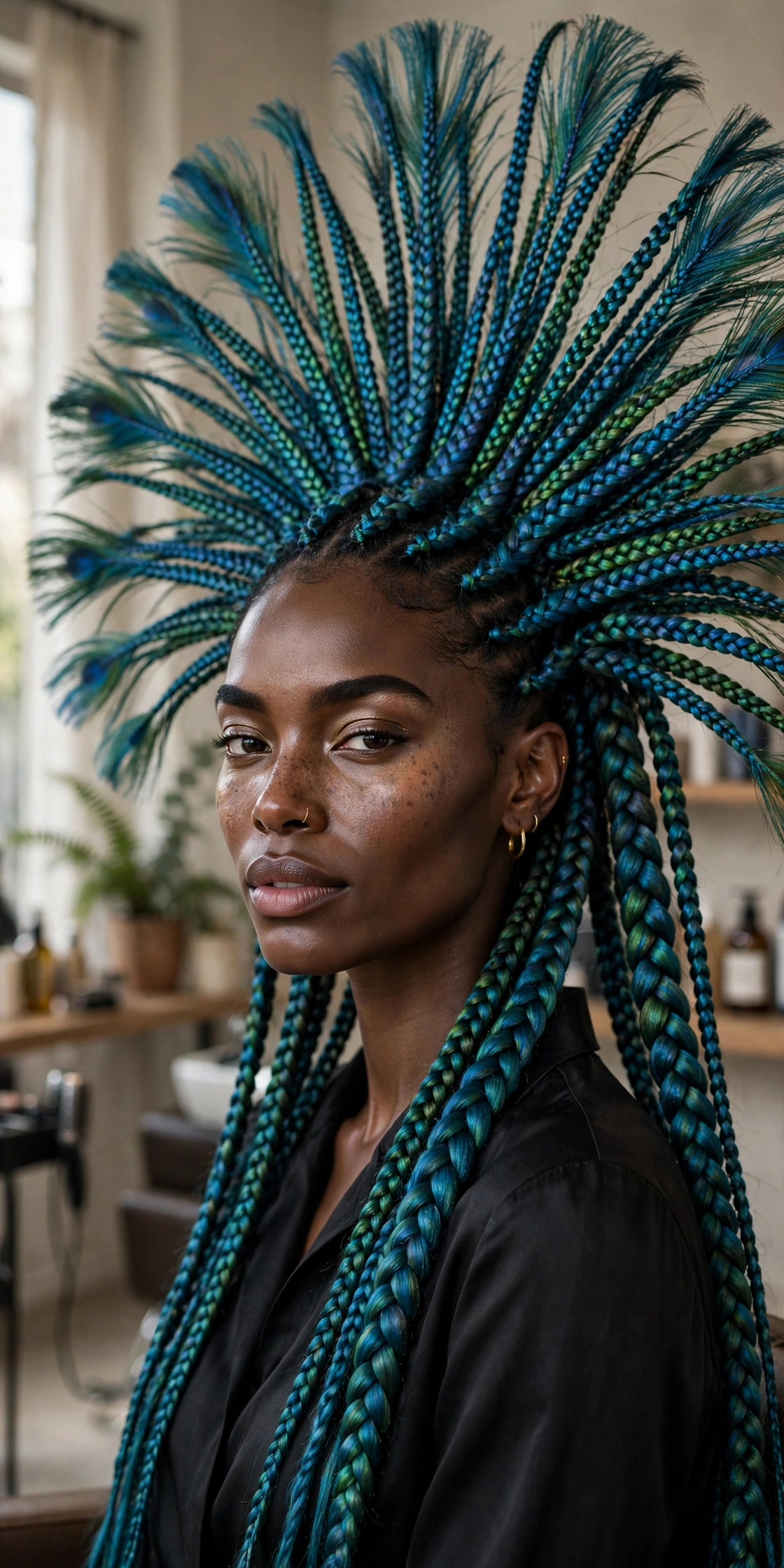 Black woman wearing peacock inspired braid design