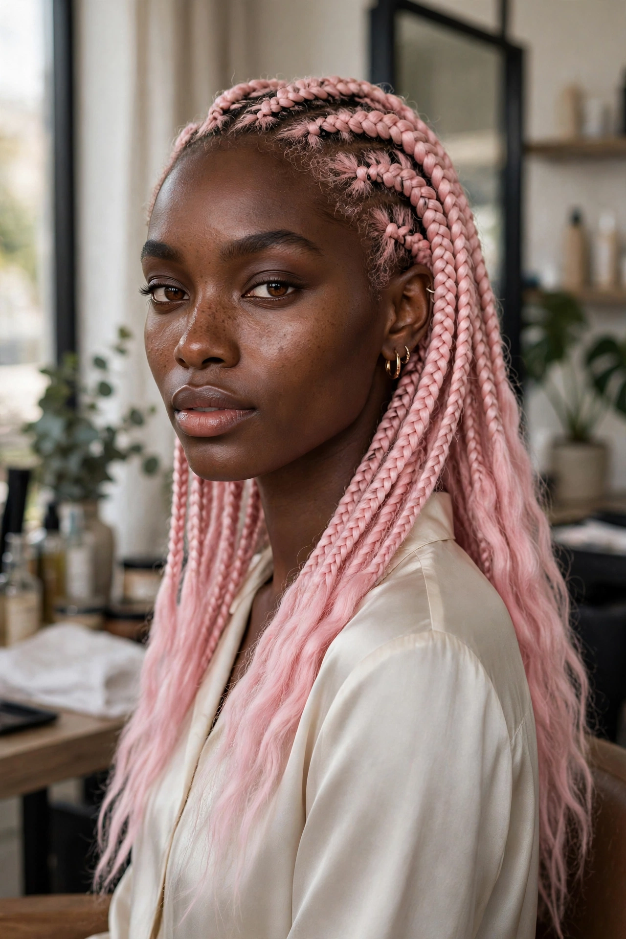 Black woman wearing cotton candy knotless braids