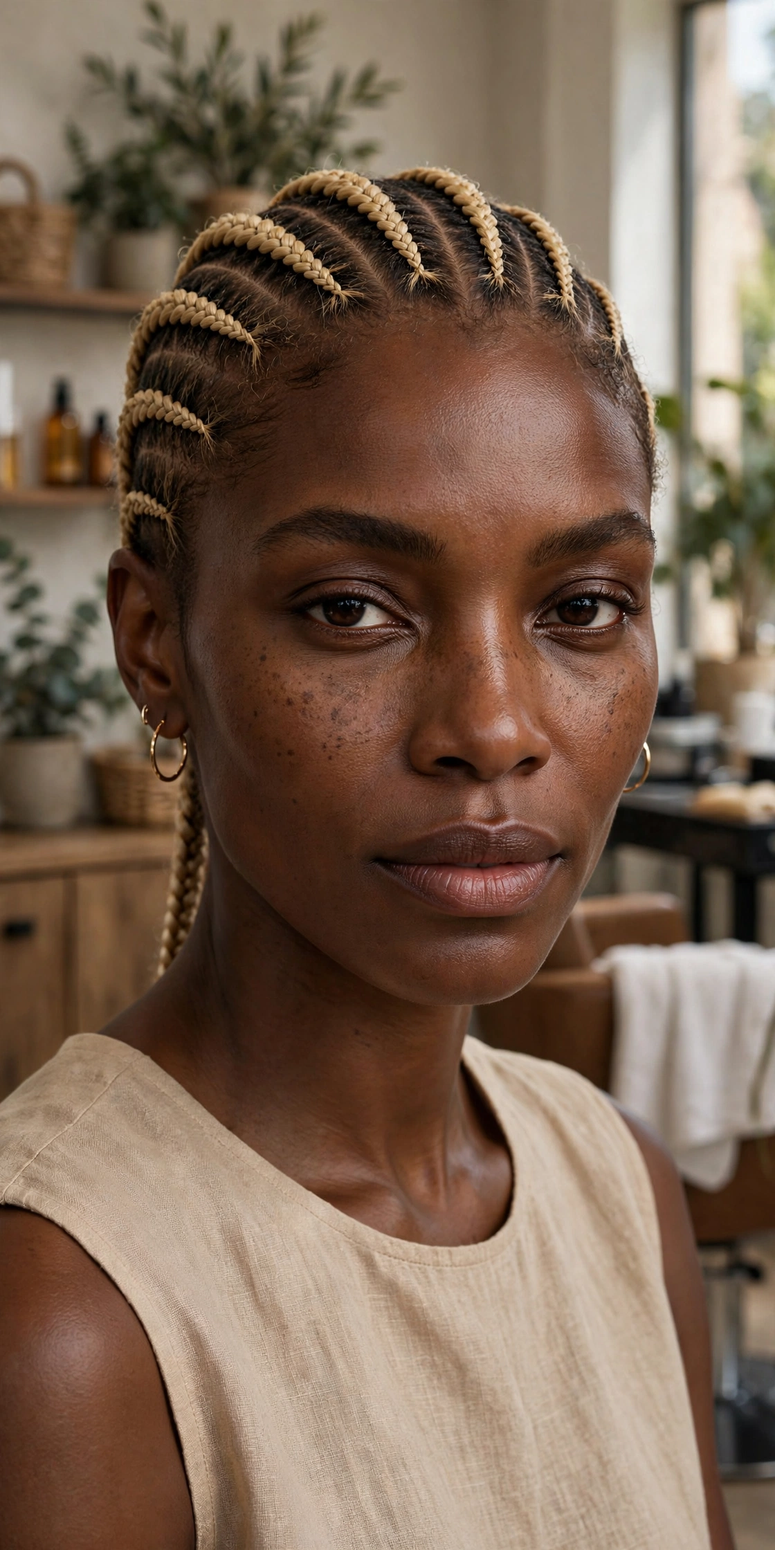 Black woman wearing wheat blonde feed in braids
