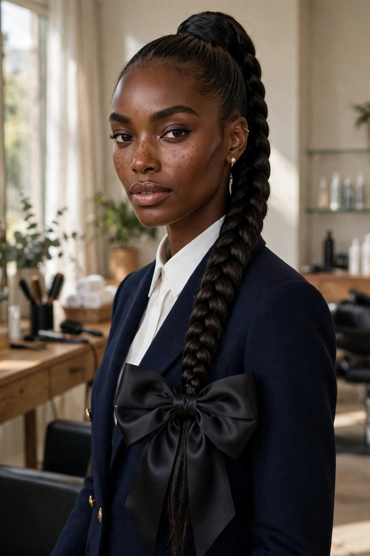 Black woman wearing bow adorned braided ponytail