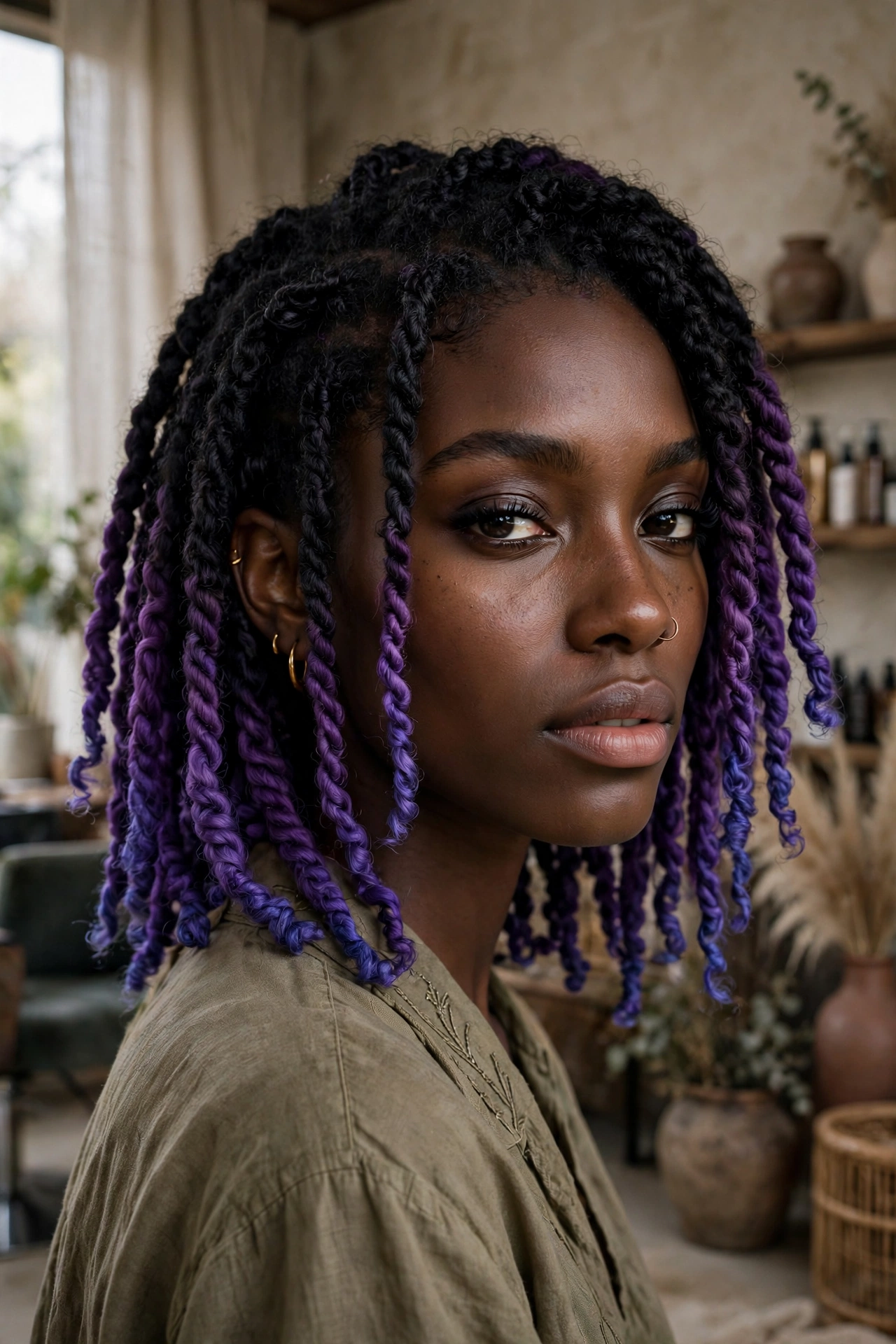 Black woman wearing violet ombre passion twists