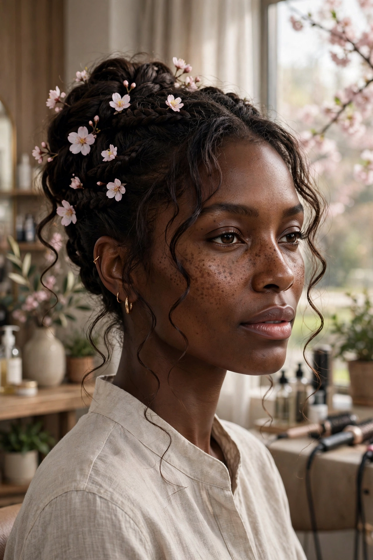 Black woman wearing cherry blossom braided updo