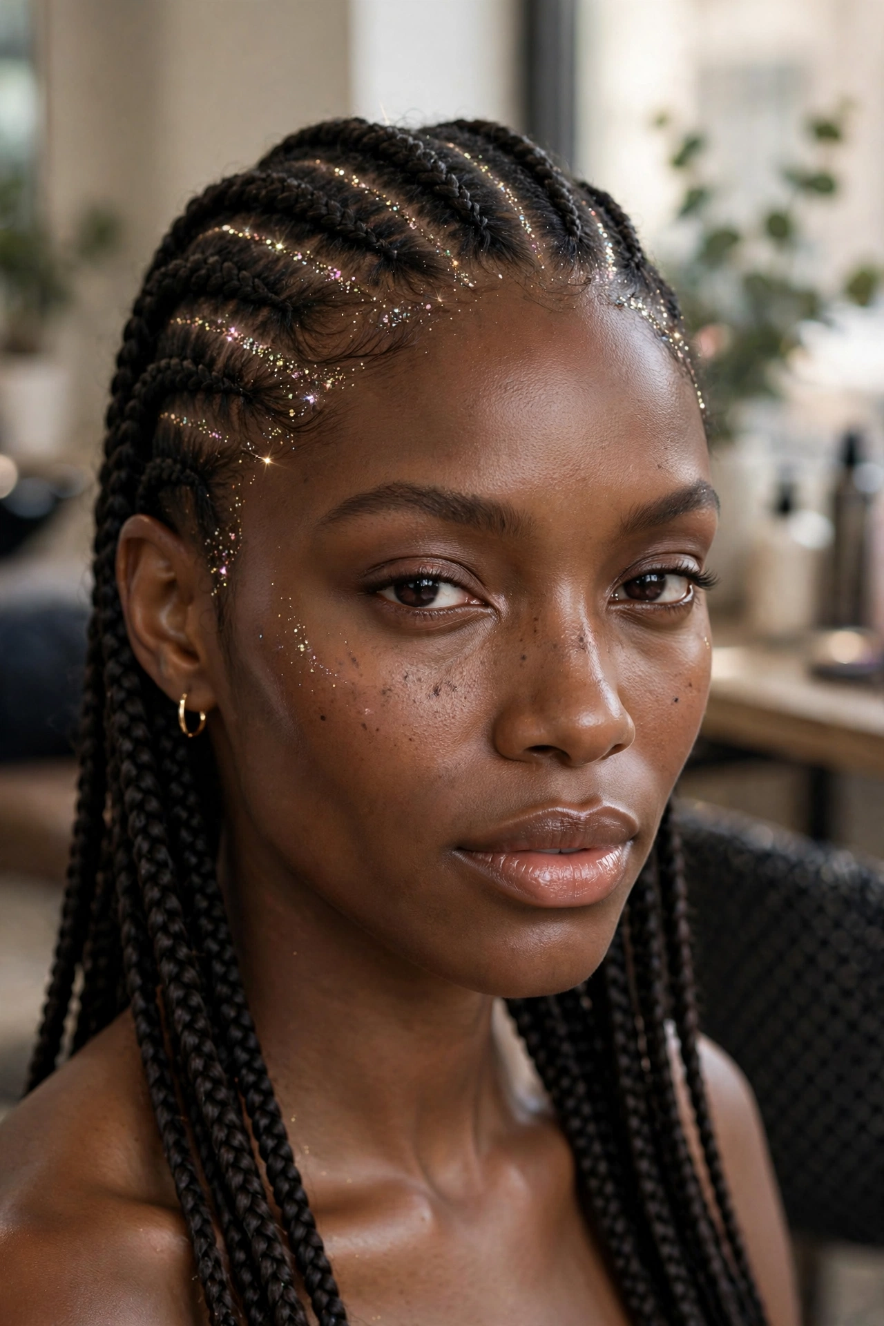 Black woman wearing glitter root braids