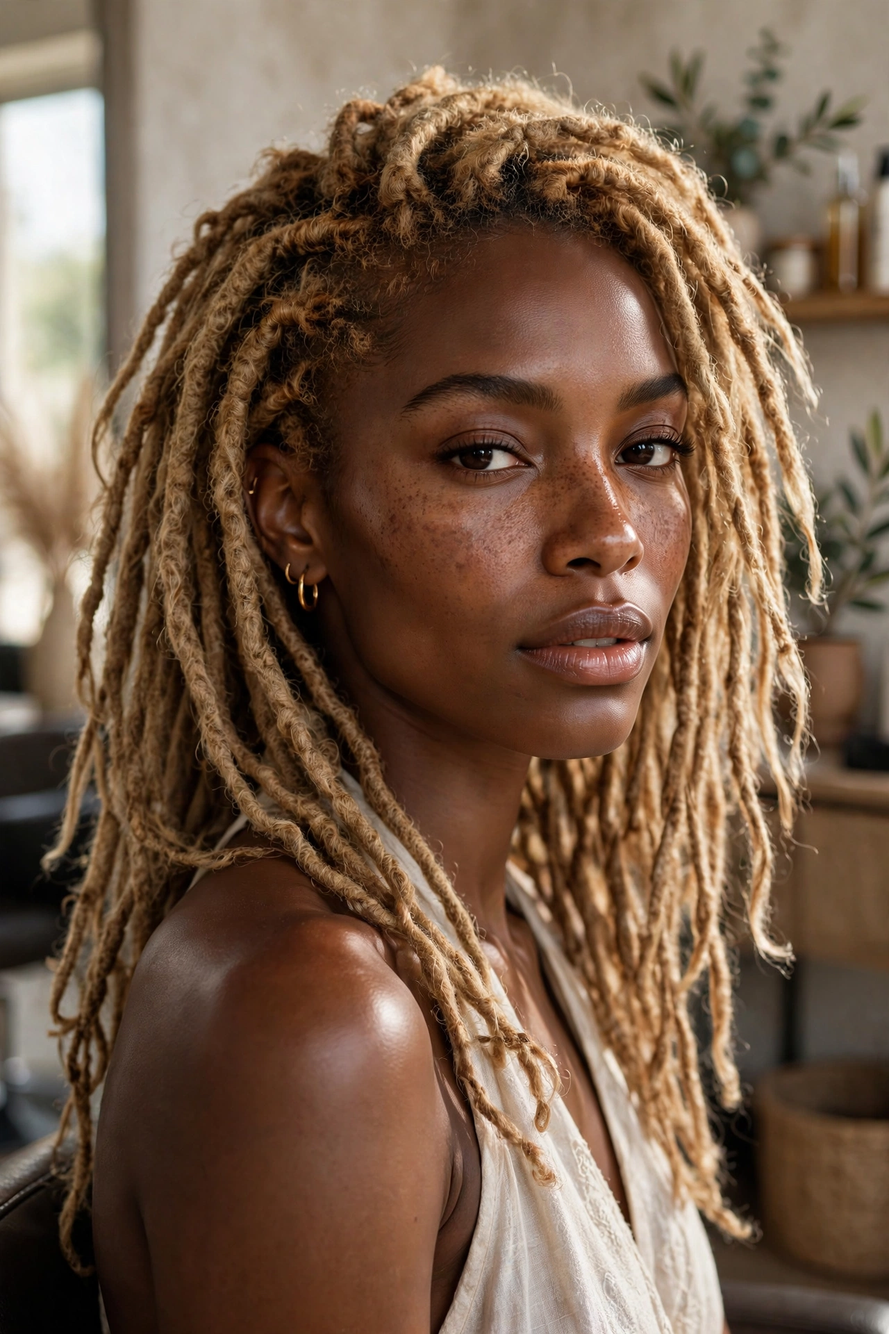 Black woman wearing honey blonde faux locs