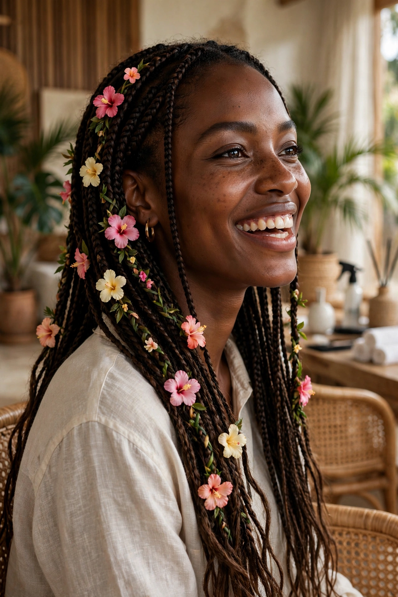 Black woman wearing tropical flower braids