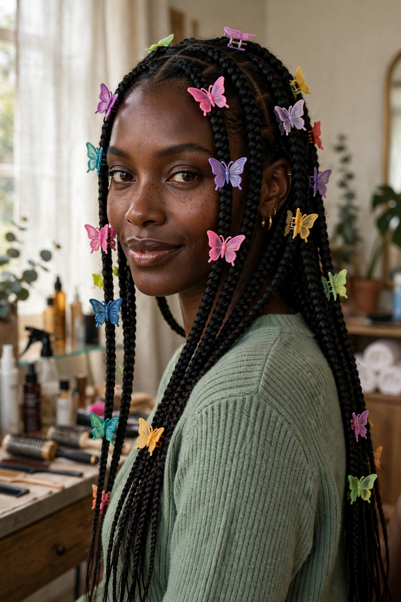 Black woman wearing butterfly clips on box braids