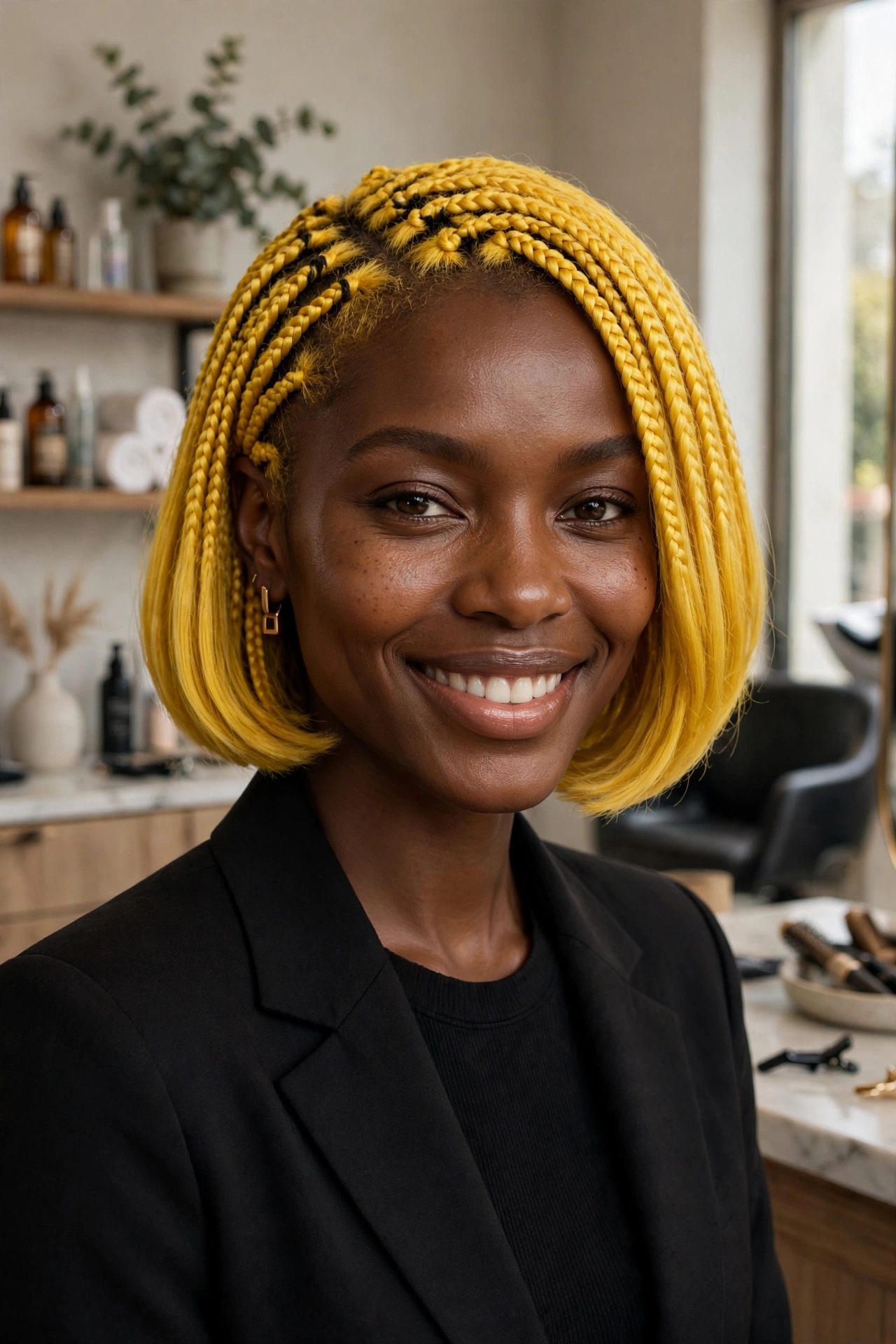 Black woman wearing sunflower yellow braided bob