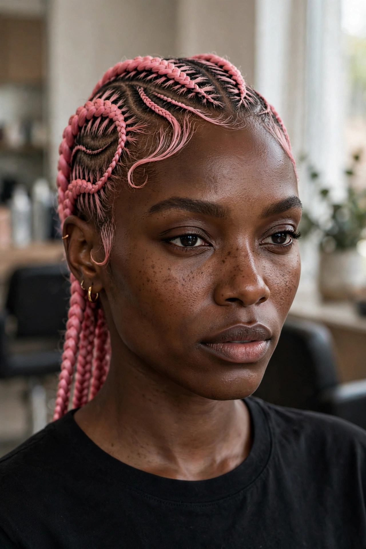 Black woman wearing bubblegum pink cornrow design