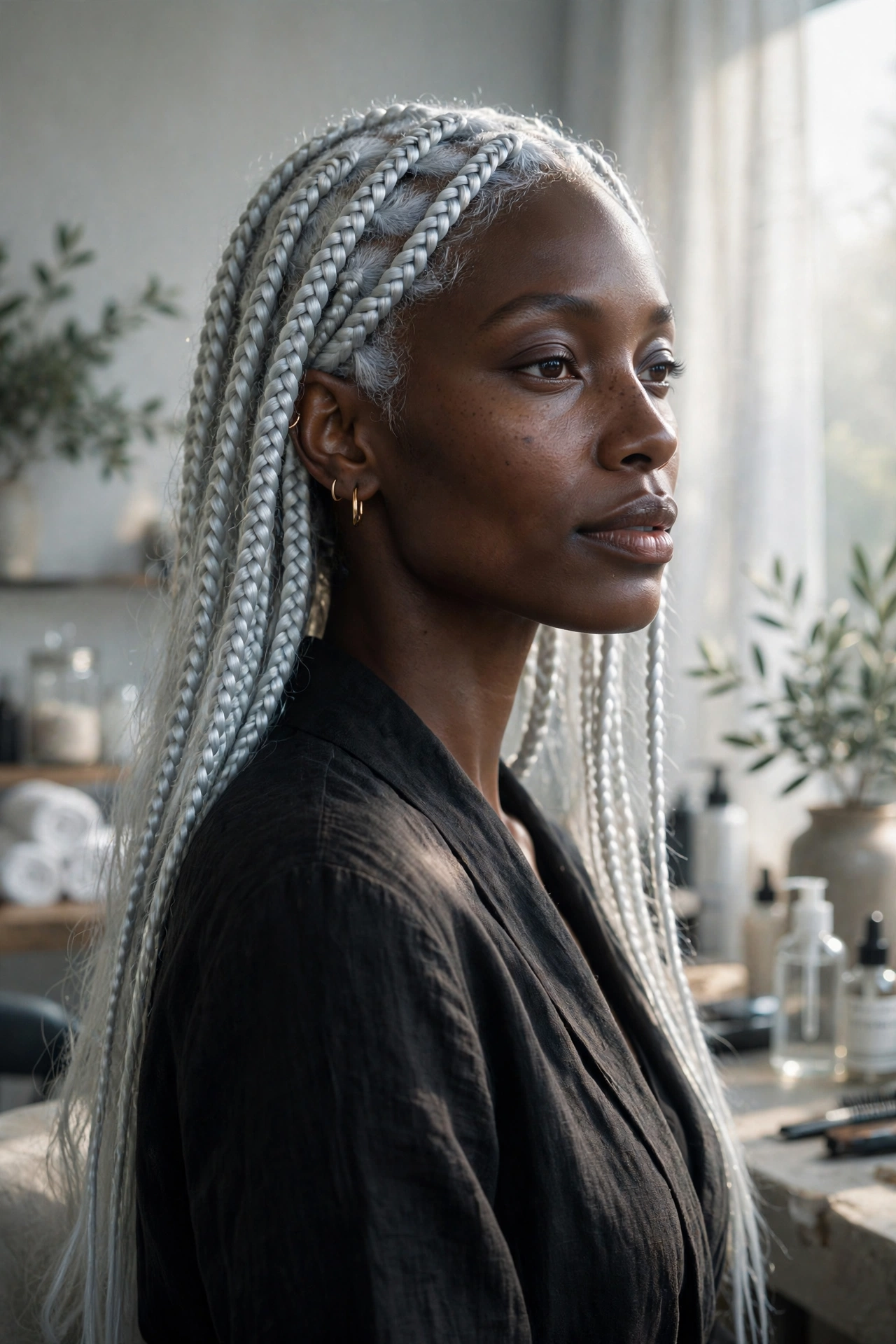 Black woman wearing moonbeam silver braids